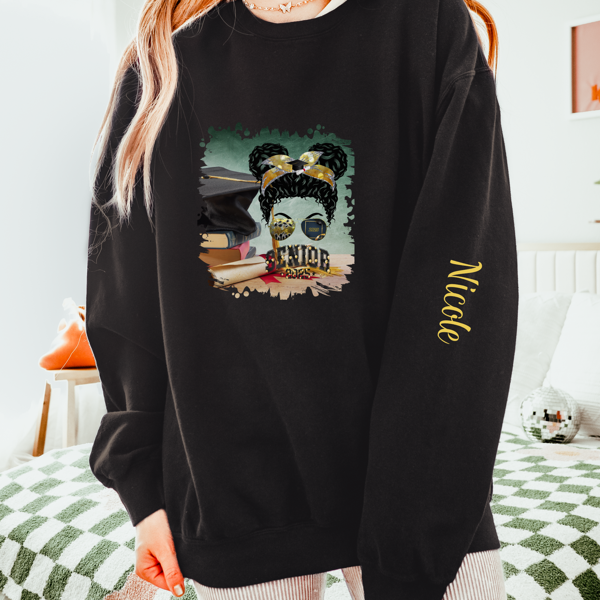Senior 2025 Balloons, Cap & Degree/Diploma, Black Hair Messy Bun, Unisex Lightweight Crewneck Sweatshirt