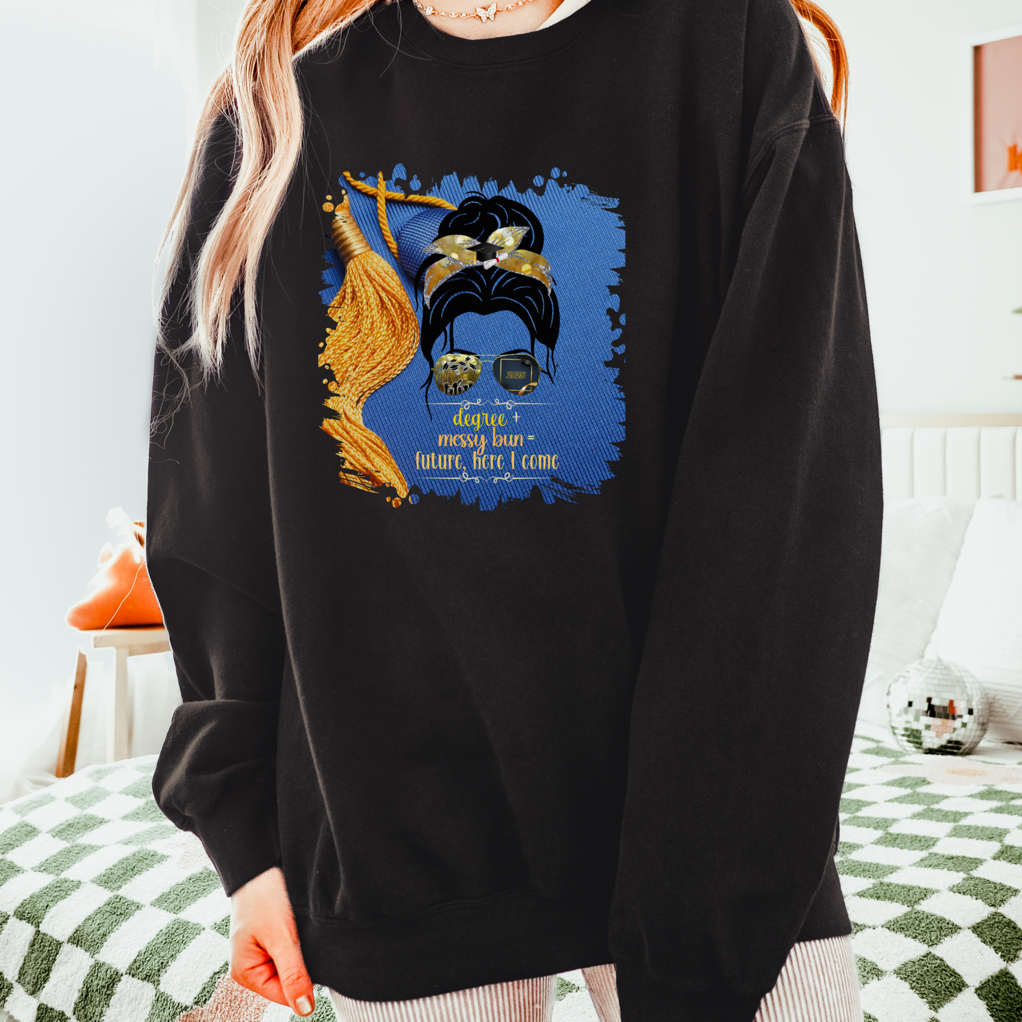 Degree + Messy Bun, Graduation Cap, Dark Hair Messy Bun, Unisex Lightweight Crewneck Sweatshirt