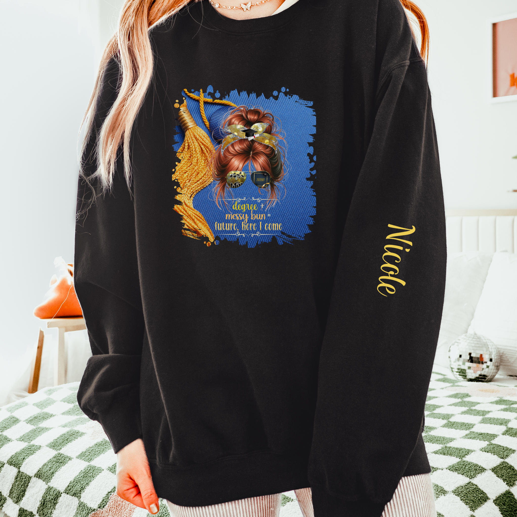 Degree + Messy Bun, Graduation Cap, Red Hair Messy Bun, Unisex Lightweight Crewneck Sweatshirt