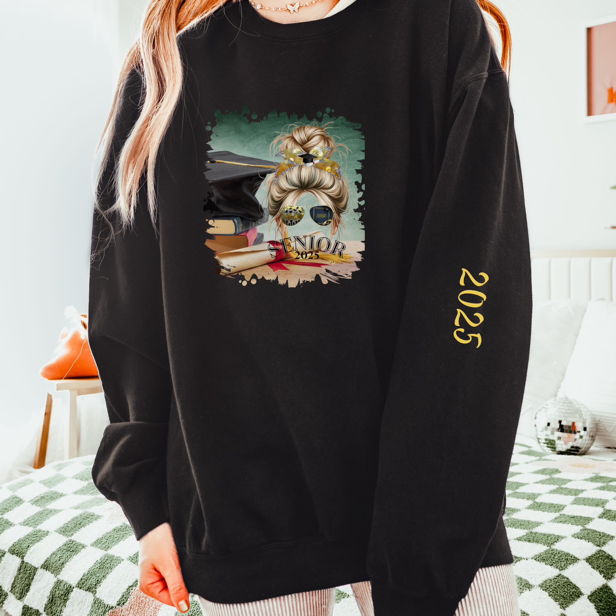 Senior 2025, Cap & Degree/Diploma, Blond Hair Messy Bun, Unisex Lightweight Crewneck Sweatshirt