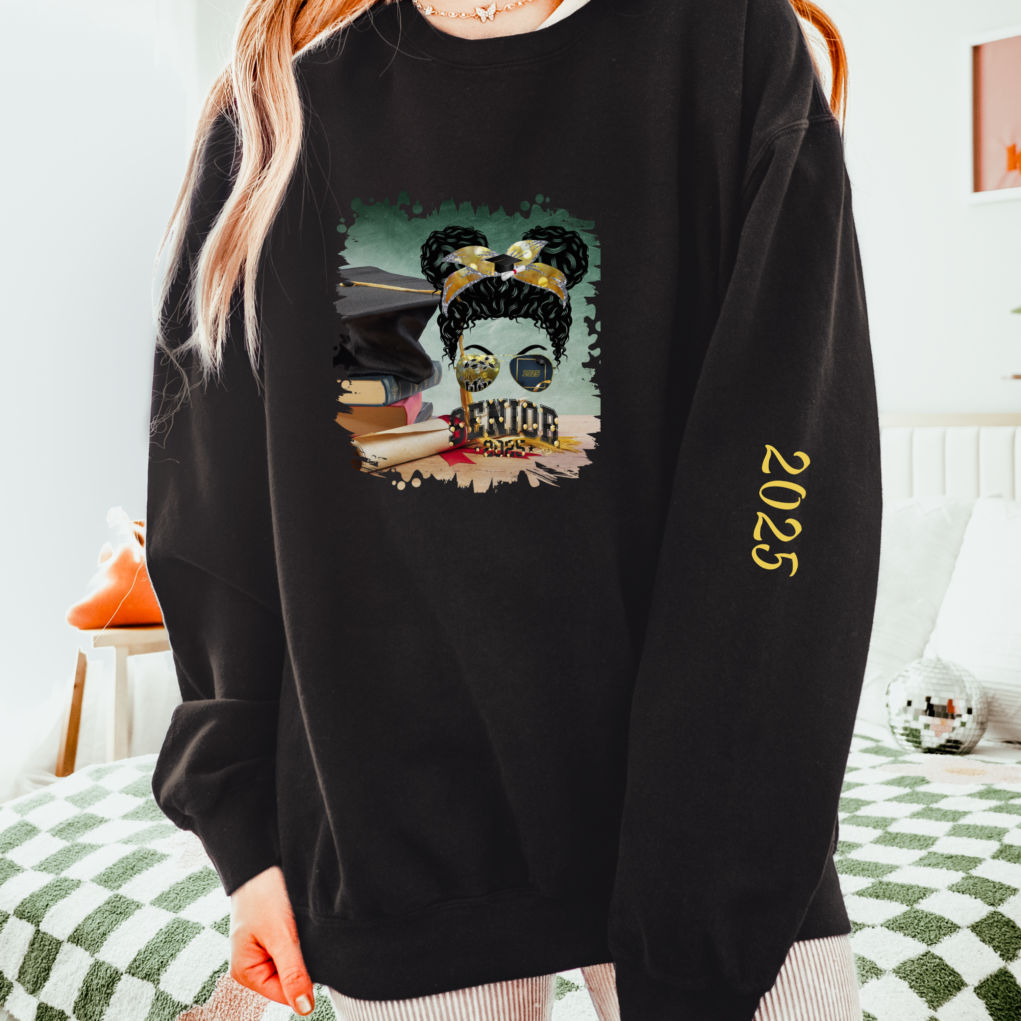 Senior 2025 Balloons, Cap & Degree/Diploma, Black Hair Messy Bun, Unisex Lightweight Crewneck Sweatshirt