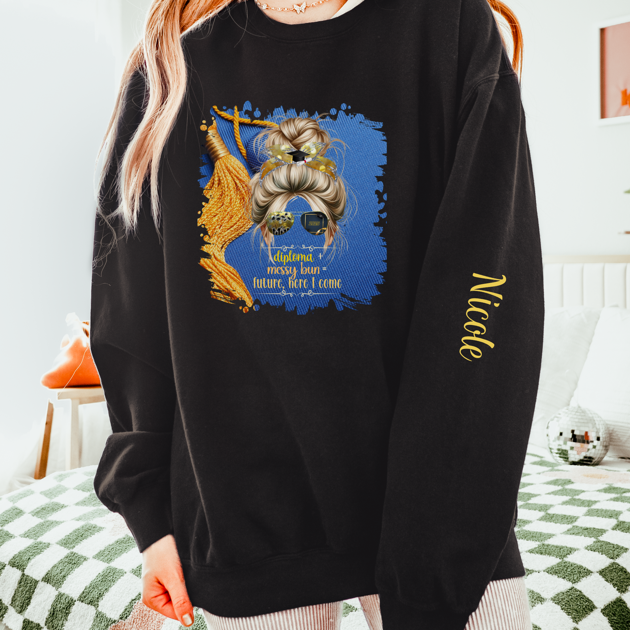 Diploma + Messy Bun, Graduation Cap, Blond Hair Messy Bun, Unisex Lightweight Crewneck Sweatshirt