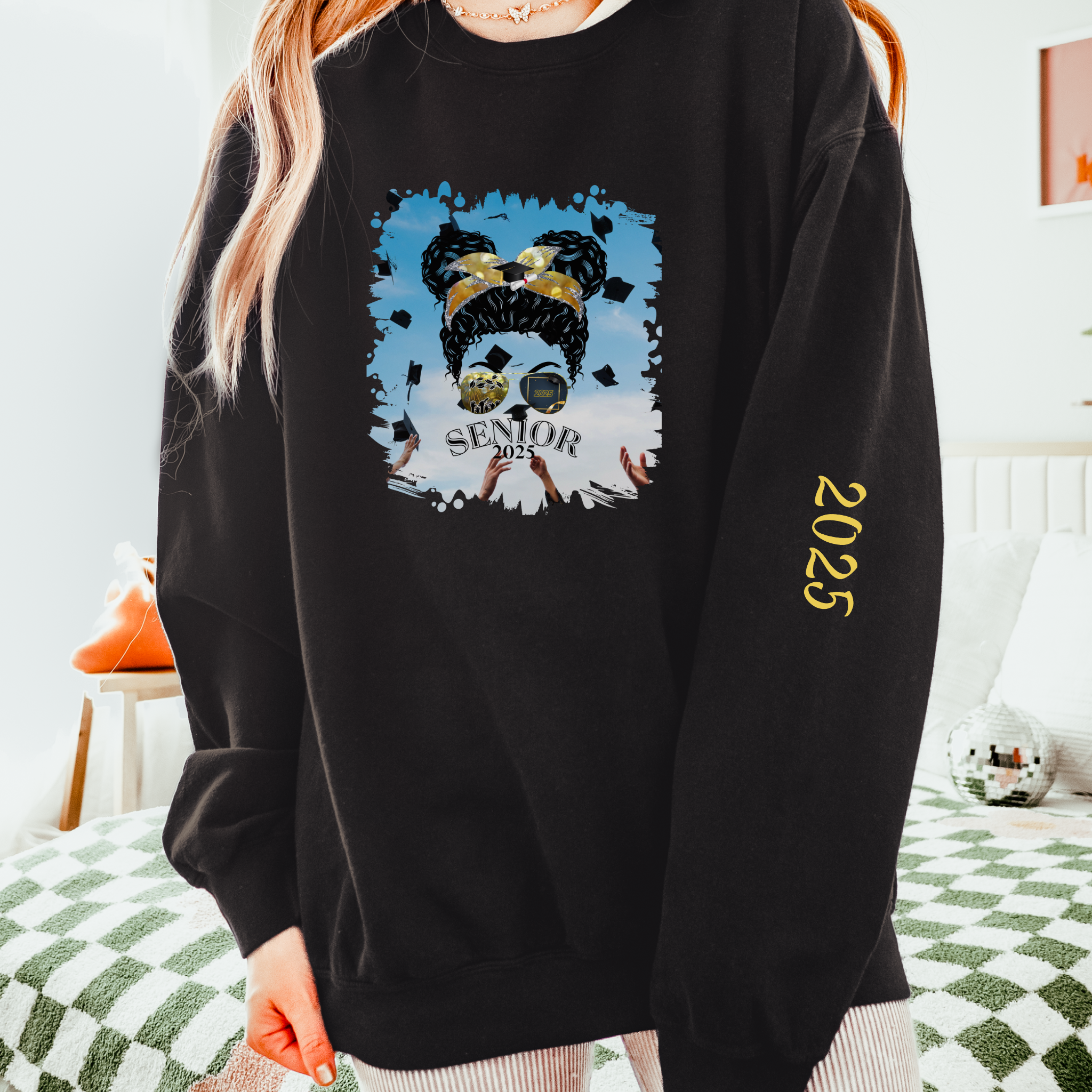 Senior 2025, Celebration, Black Hair Messy Bun, Unisex Lightweight Crewneck Sweatshirt