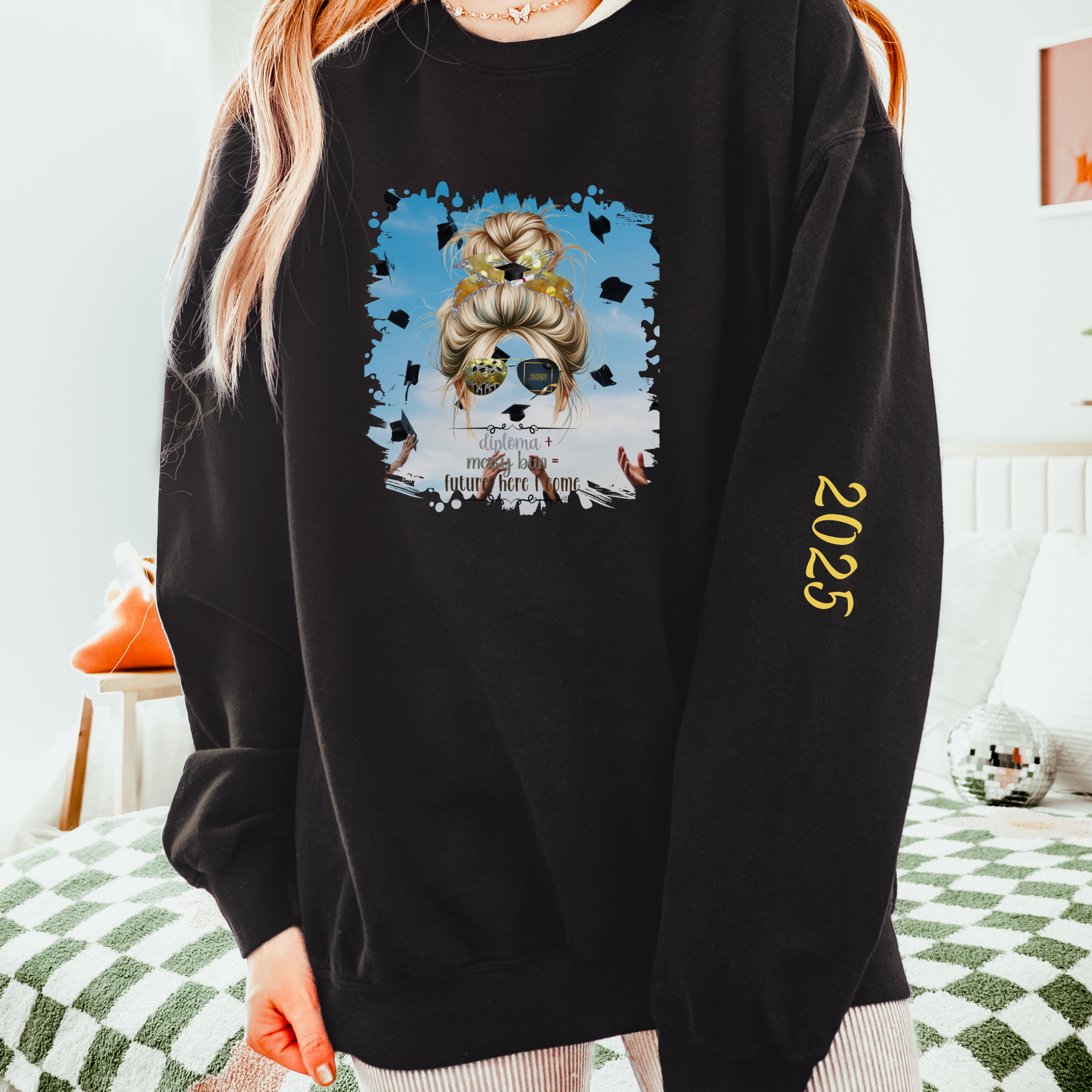Diploma + Messy Bun, Celebration, Blond Hair Messy Bun, Unisex Lightweight Crewneck Sweatshirt