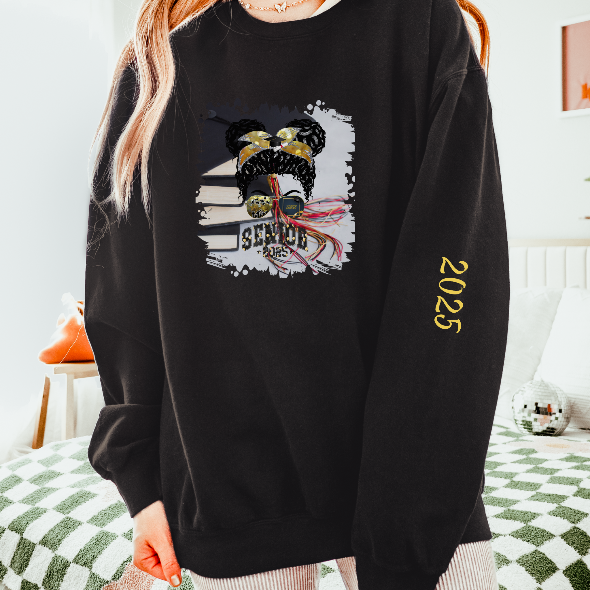 Senior 2025 Balloons, Cap & Books, Black Hair Messy Bun, Unisex Lightweight Crewneck Sweatshirt