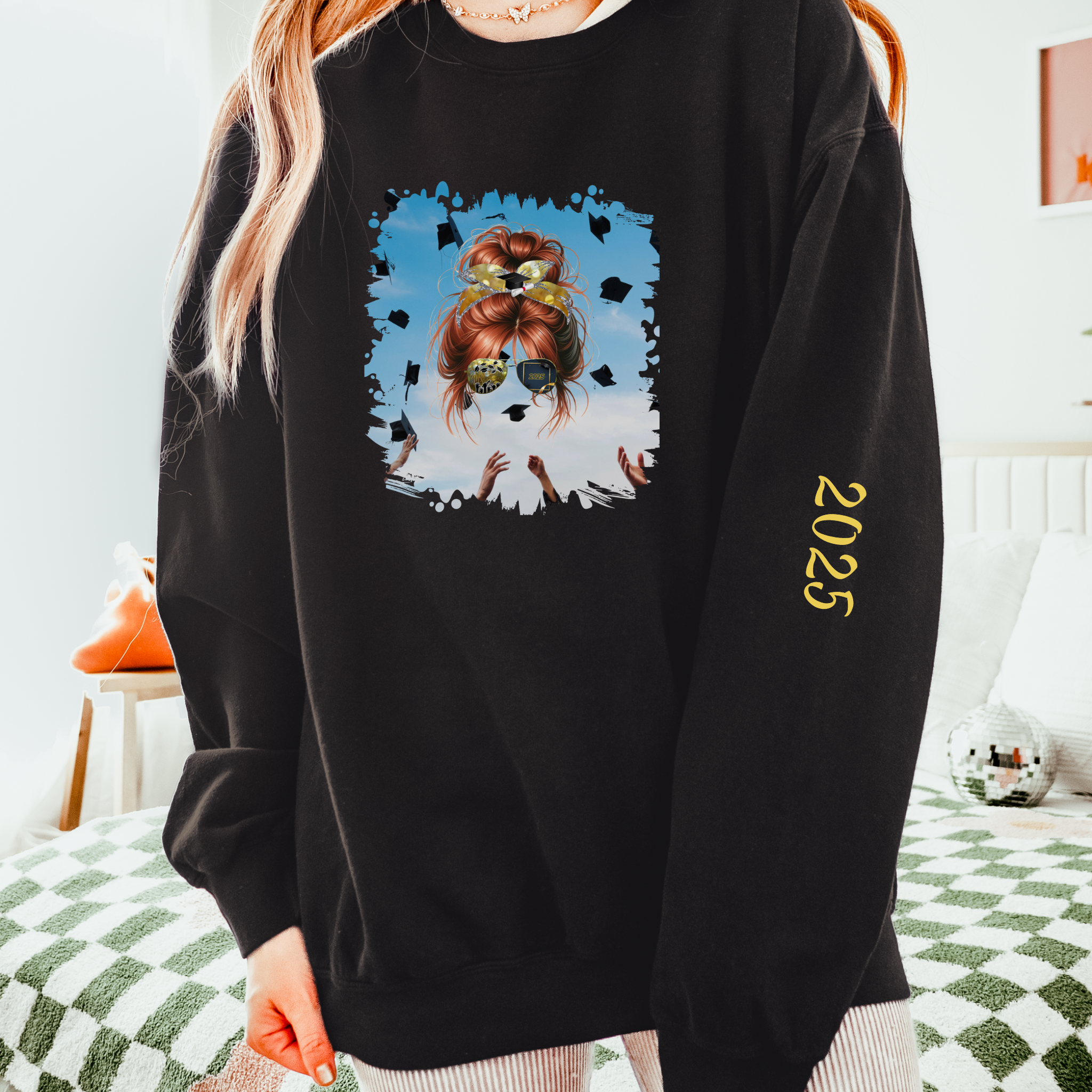 Celebration, Red Hair Messy Bun, Unisex Lightweight Crewneck Sweatshirt