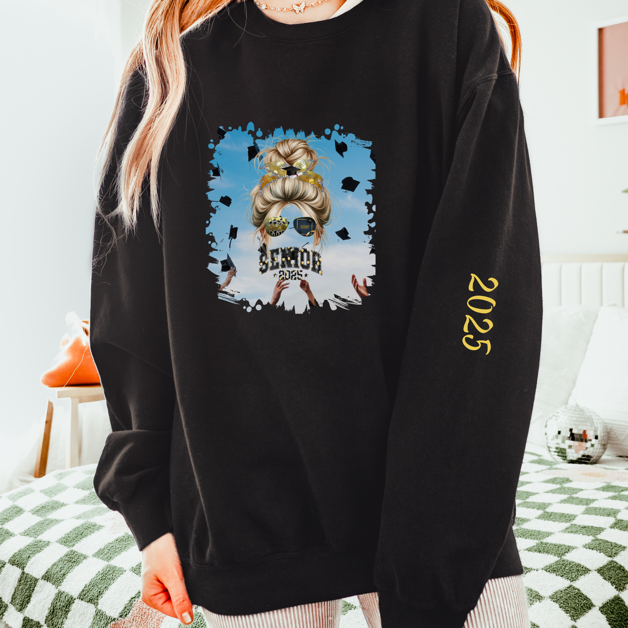 Senior 2025 Balloons, Celebration, Blond Hair Messy Bun, Unisex Lightweight Crewneck Sweatshirt