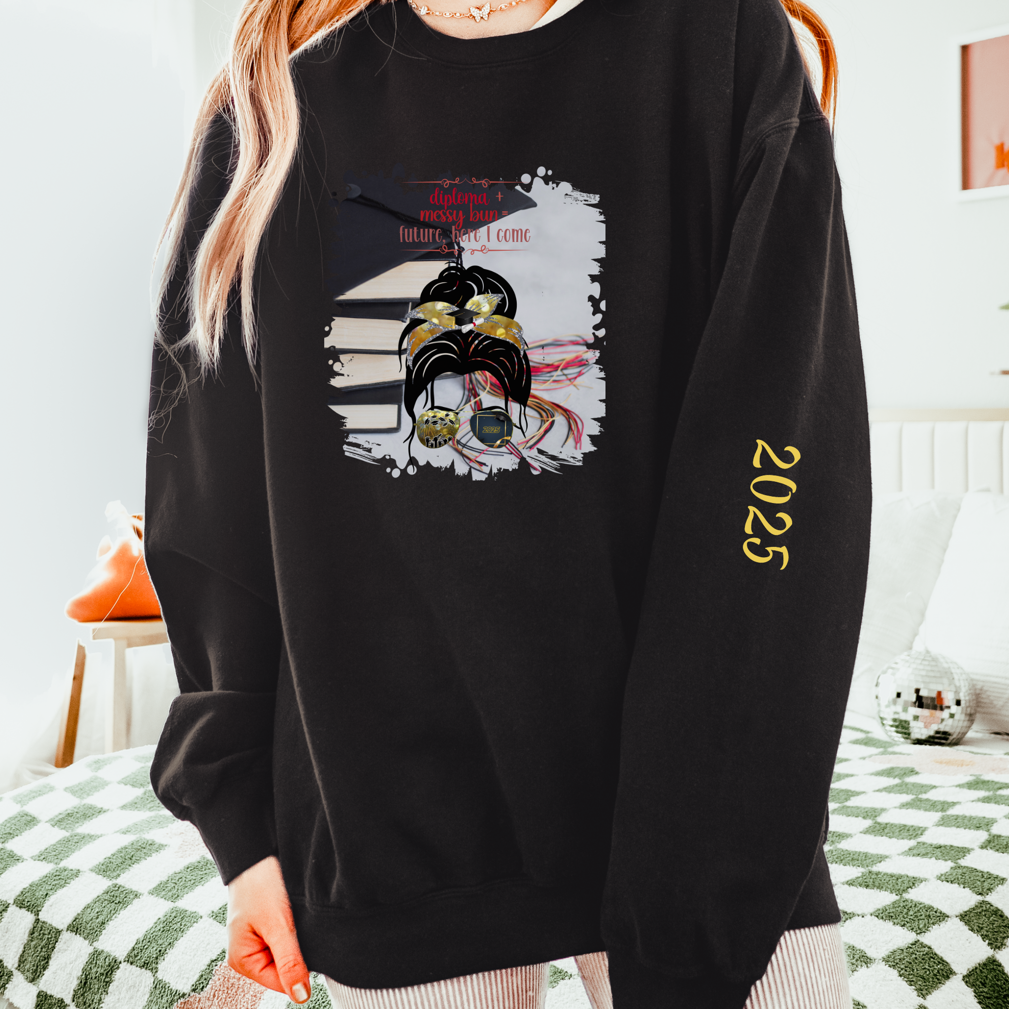 Diploma + Messy Bun, Cap & Books, Dark Hair Messy Bun, Unisex Lightweight Crewneck Sweatshirt