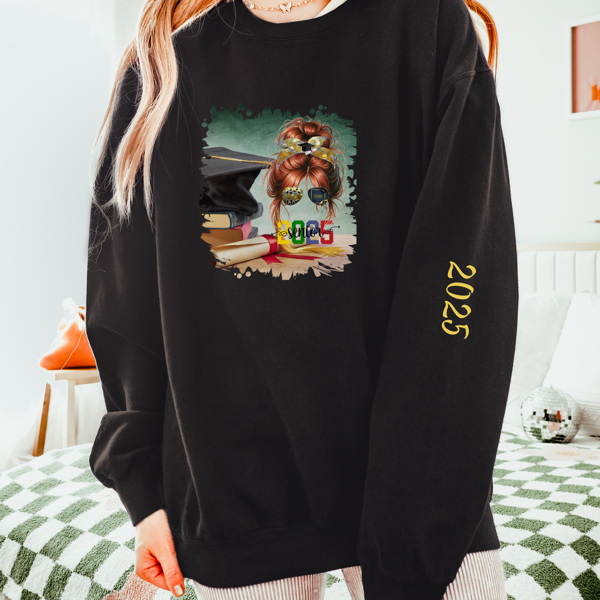 Senior 2025 Colorful, Cap & Degree/Diploma, Red Hair Messy Bun, Unisex Lightweight Crewneck Sweatshirt