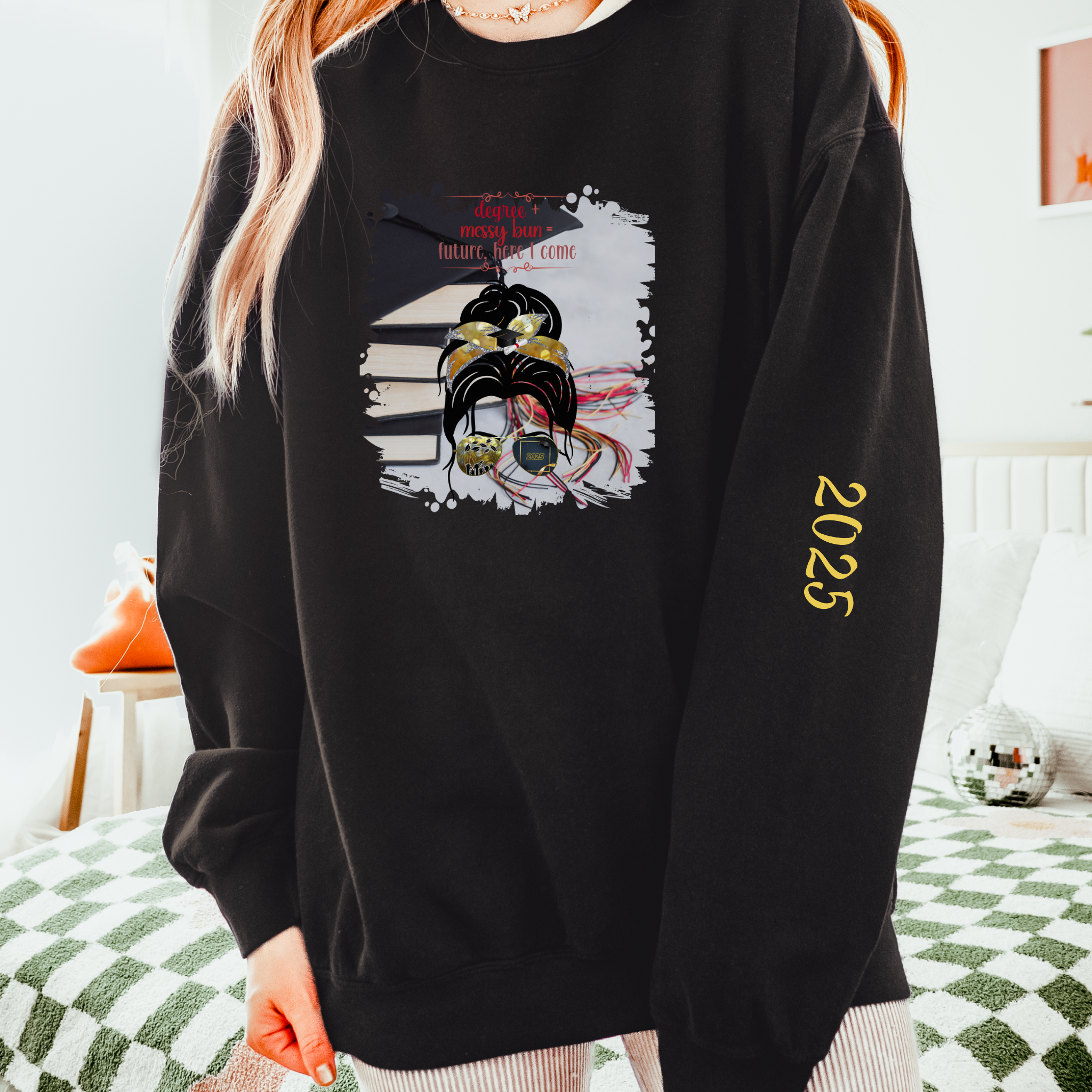 Degree + Messy Bun, Cap & Books, Dark Hair Messy Bun, Unisex Lightweight Crewneck Sweatshirt