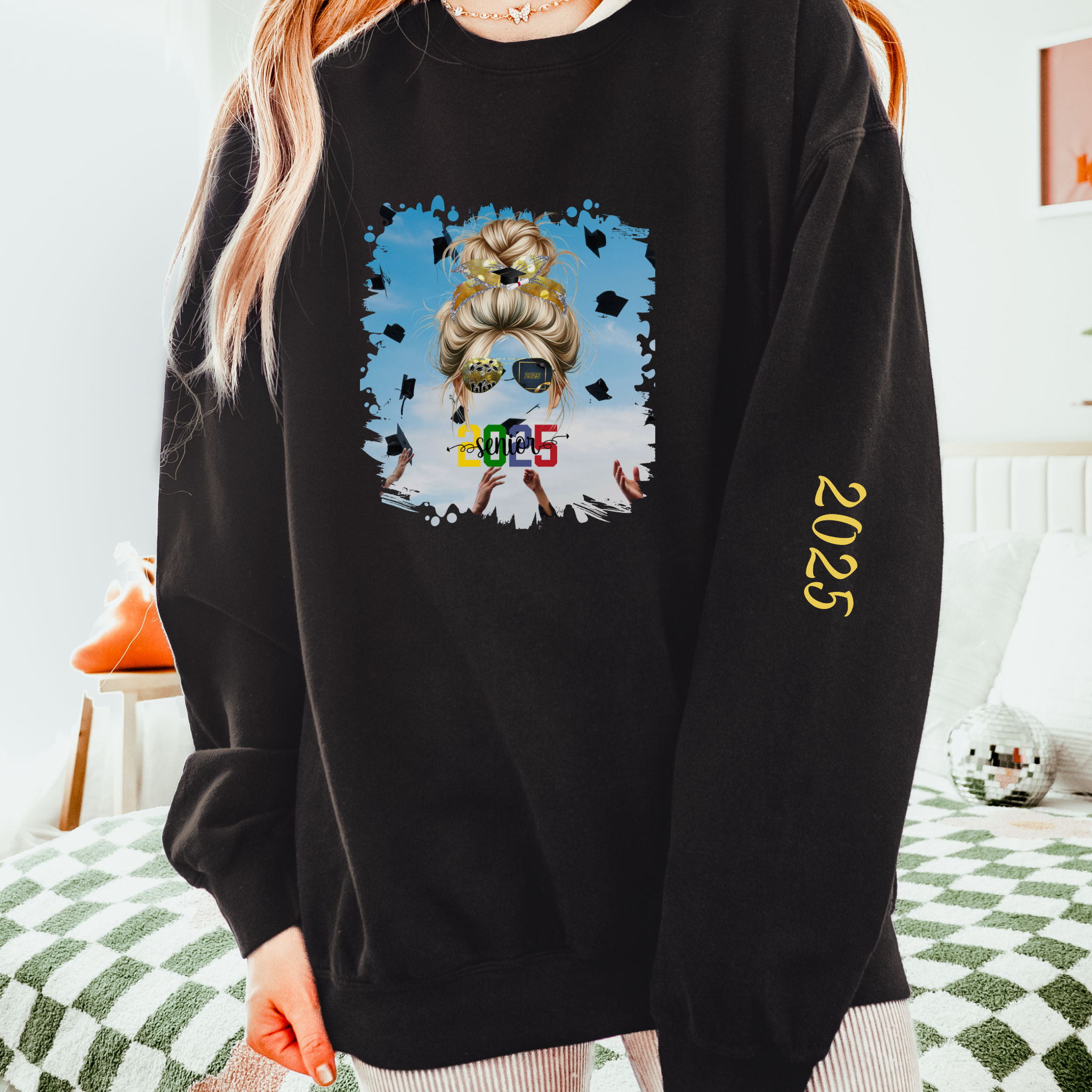 Senior 2025 Colorful, Celebration, Blond Hair Messy Bun, Unisex Lightweight Crewneck Sweatshirt