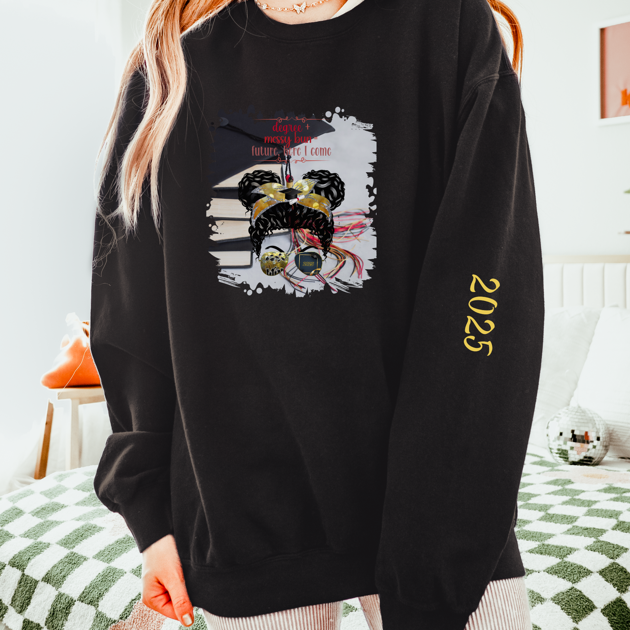 Degree + Messy Bun, Cap & Books, Black Hair Messy Bun, Unisex Lightweight Crewneck Sweatshirt