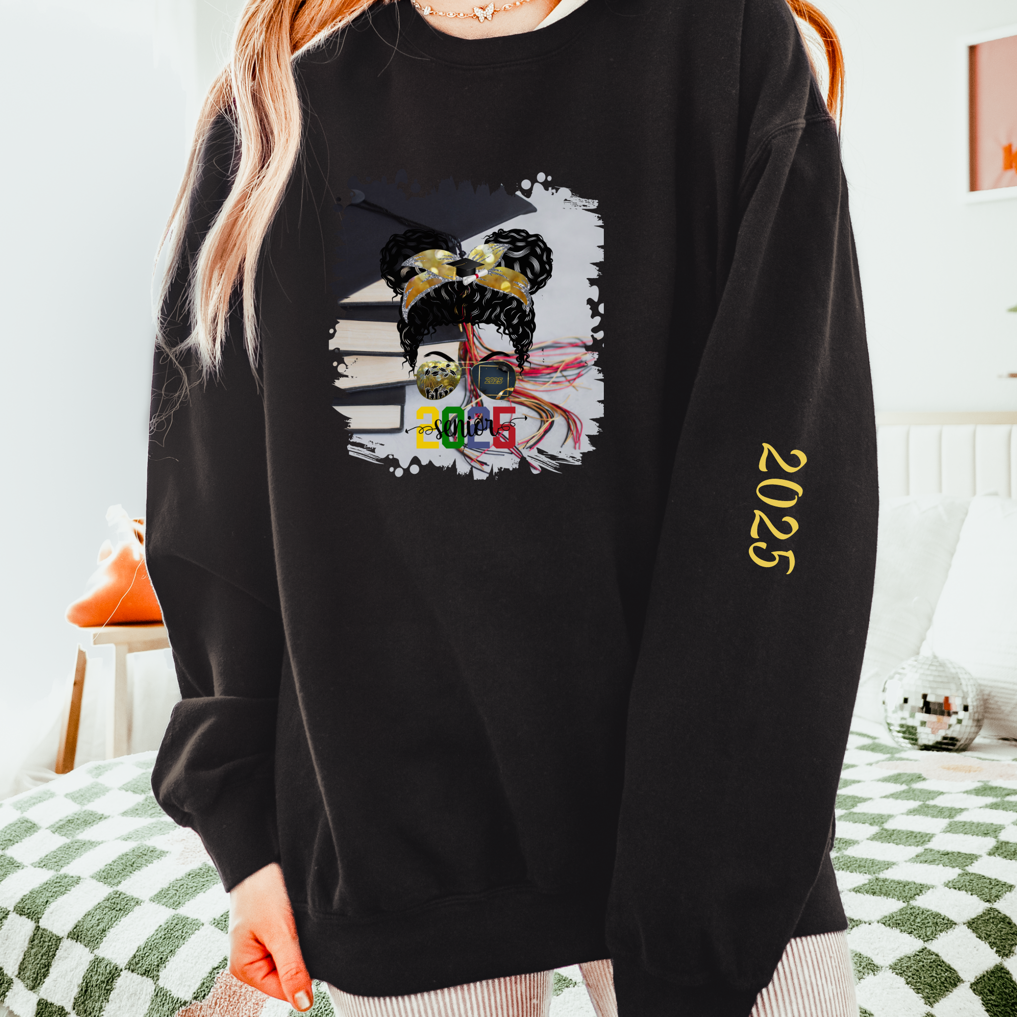 Senior 2025 Colorful, Cap & Books, Black Hair Messy Bun, Unisex Lightweight Crewneck Sweatshirt