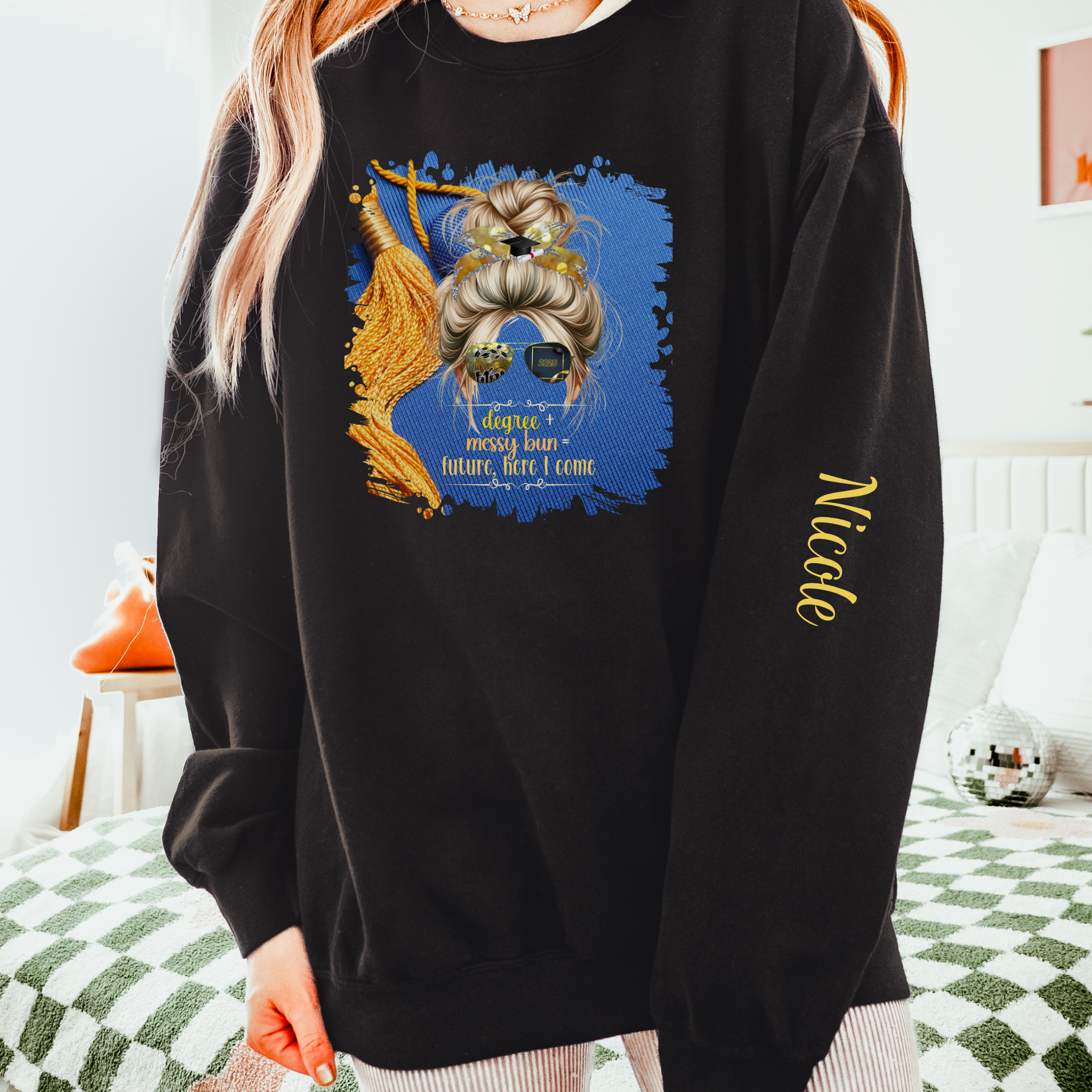 Degree + Messy Bun, Graduation Cap, Blond Hair Messy Bun, Unisex Lightweight Crewneck Sweatshirt