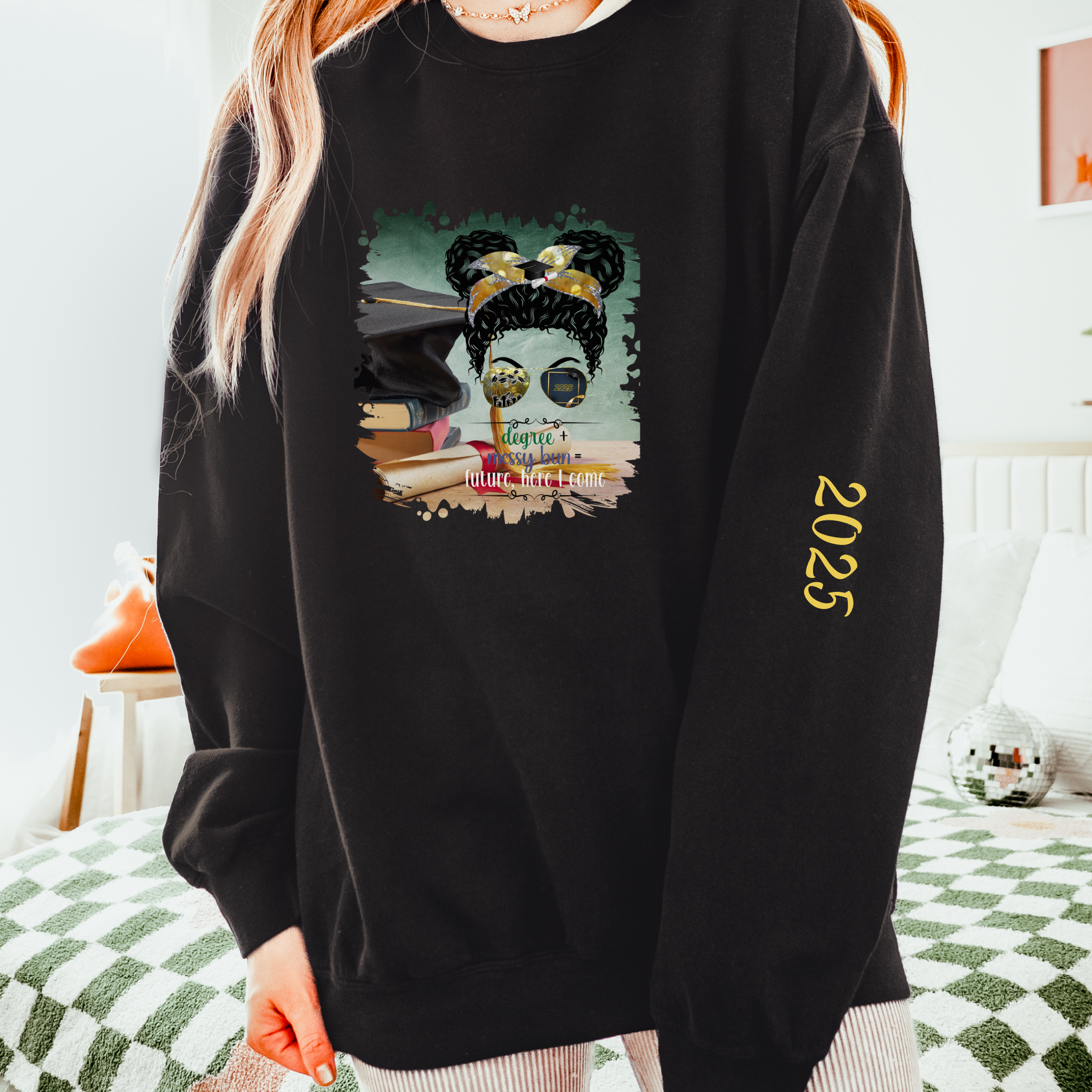 Degree + Messy Bun, Cap & Degree/Diploma, Black Hair Messy Bun, Unisex Lightweight Crewneck Sweatshirt