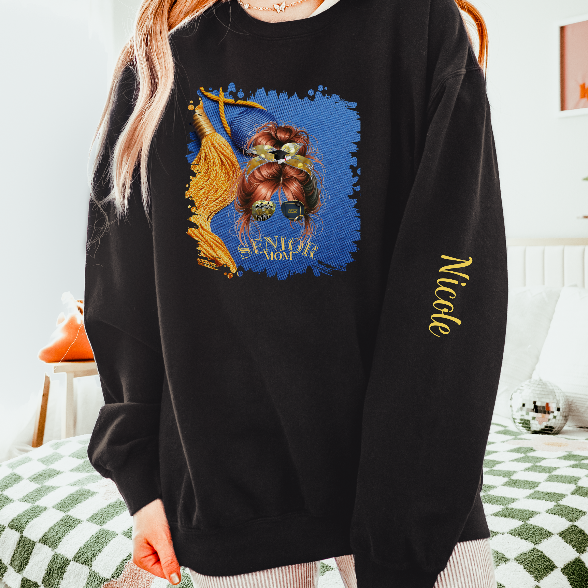 Senior Mom, Graduation Cap, Red Hair Messy Bun, Unisex Lightweight Crewneck Sweatshirt