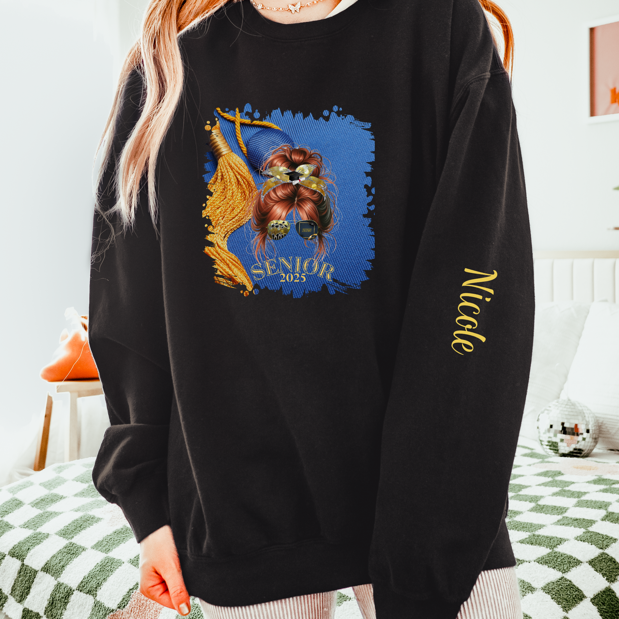 Senior 2025, Graduation Cap, Red Hair Messy Bun, Unisex Lightweight Crewneck Sweatshirt