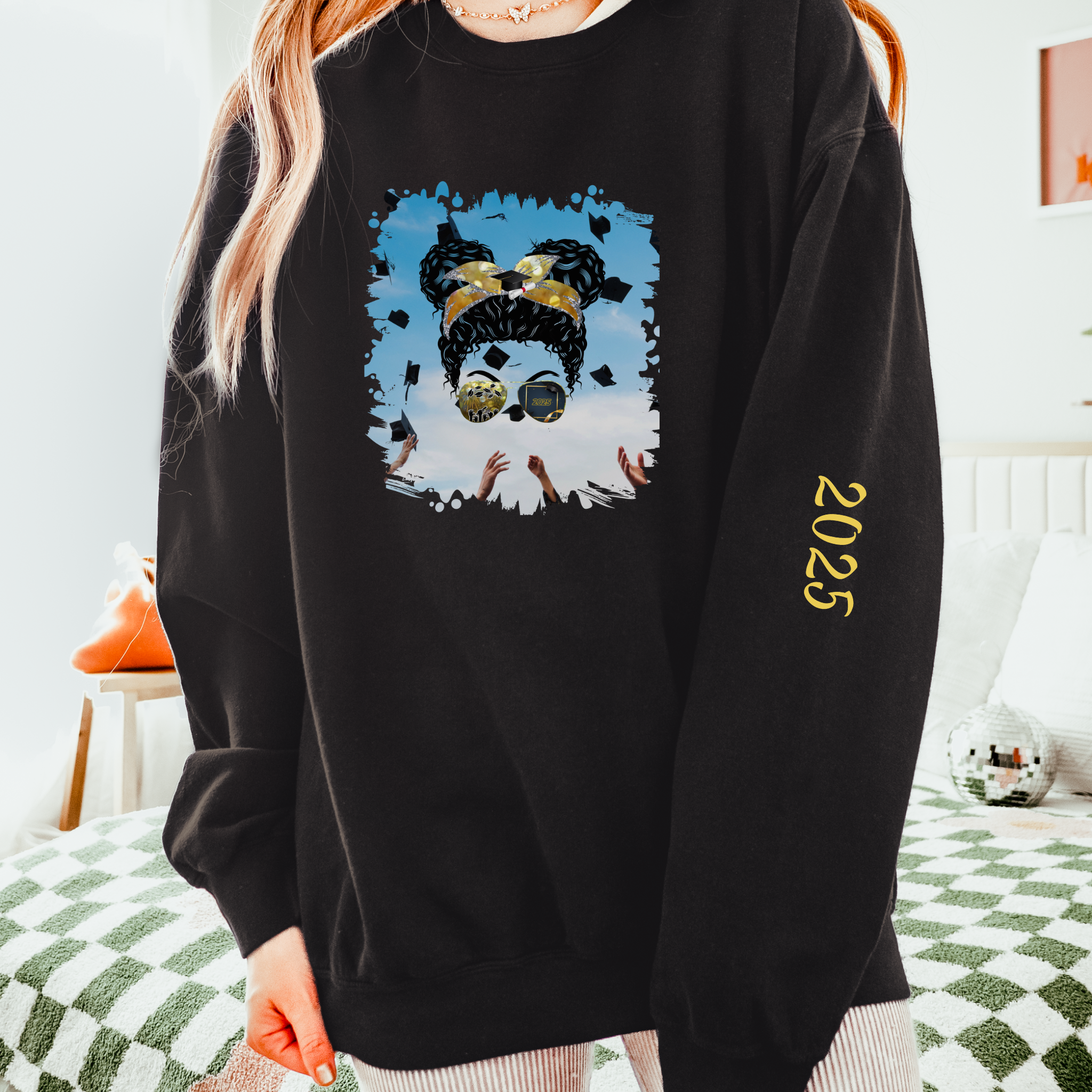 Celebration, Black Hair Messy Bun, Unisex Lightweight Crewneck Sweatshirt