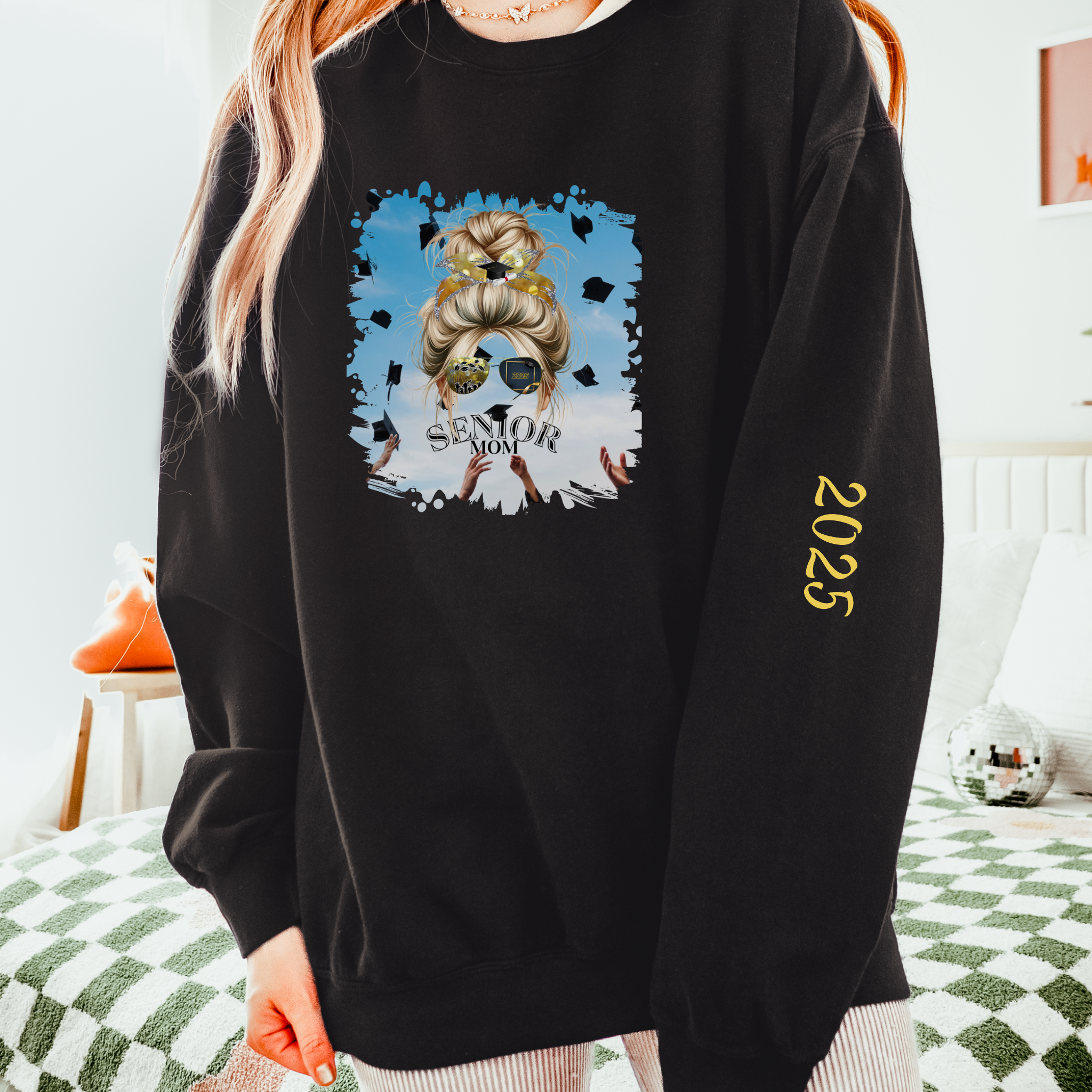 Senior Mom, Celebration, Blond Hair Messy Bun, Unisex Lightweight Crewneck Sweatshirt