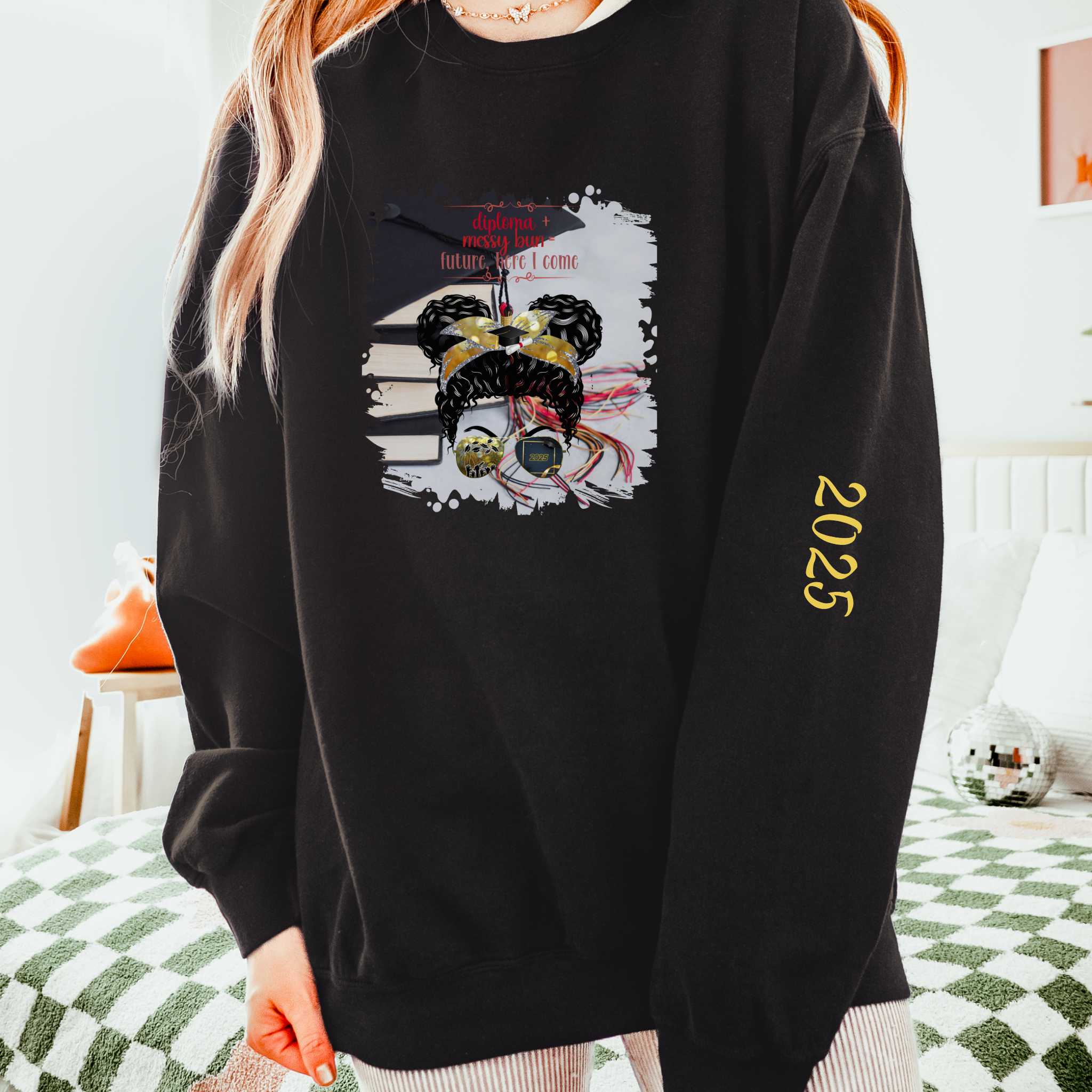 Diploma + Messy Bun, Cap & Books, Black Hair Messy Bun, Unisex Lightweight Crewneck Sweatshirt