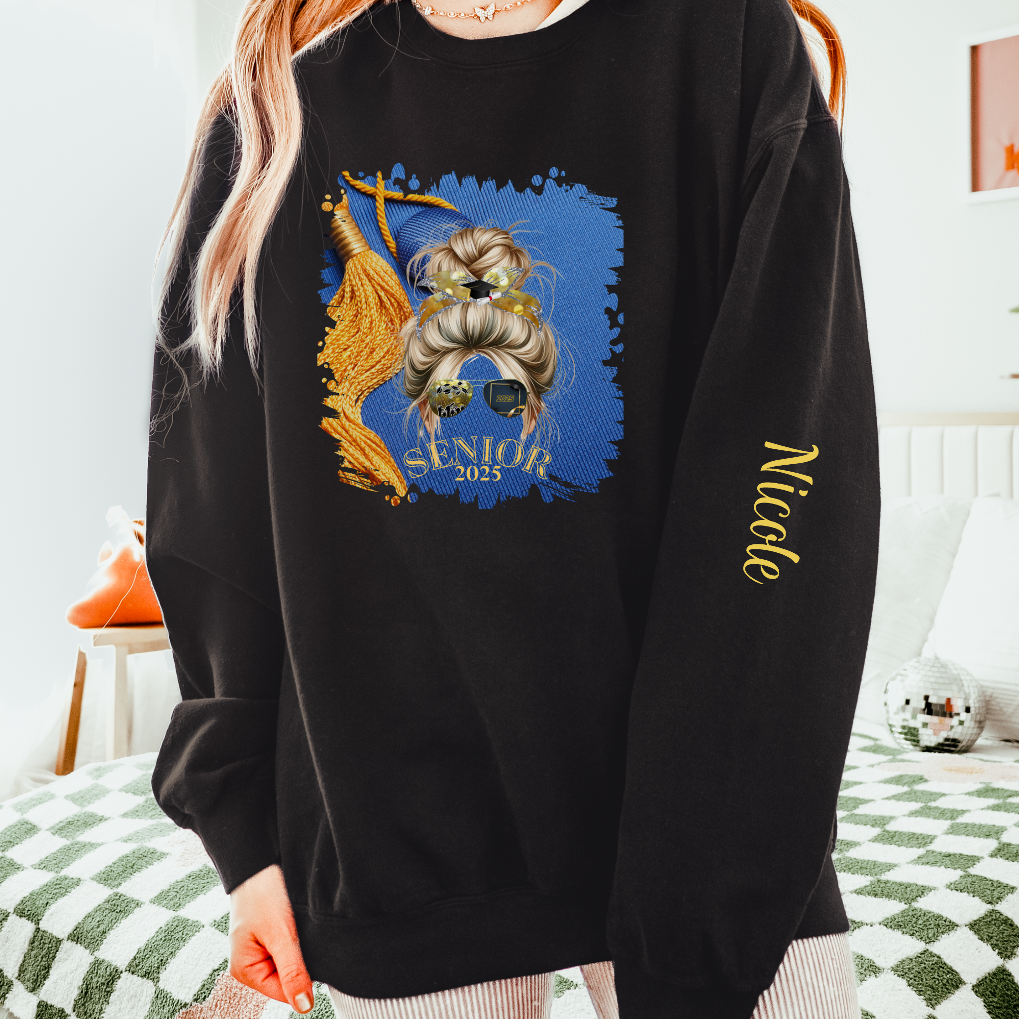 Senior 2025, Graduation Cap, Blond Hair Messy Bun, Unisex Lightweight Crewneck Sweatshirt