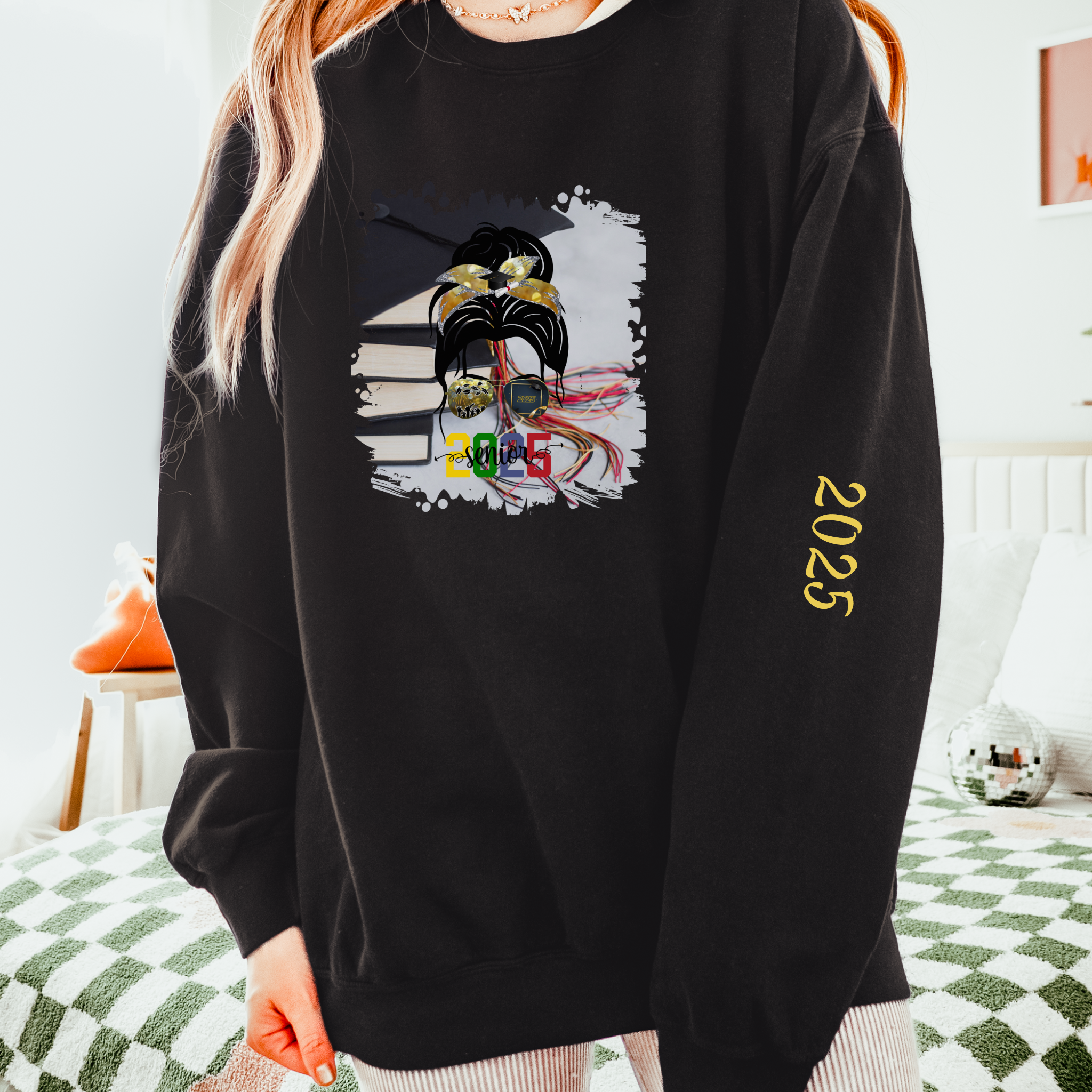 Senior 2025 Colorful, Cap & Books, Dark Hair Messy Bun, Unisex Lightweight Crewneck Sweatshirt