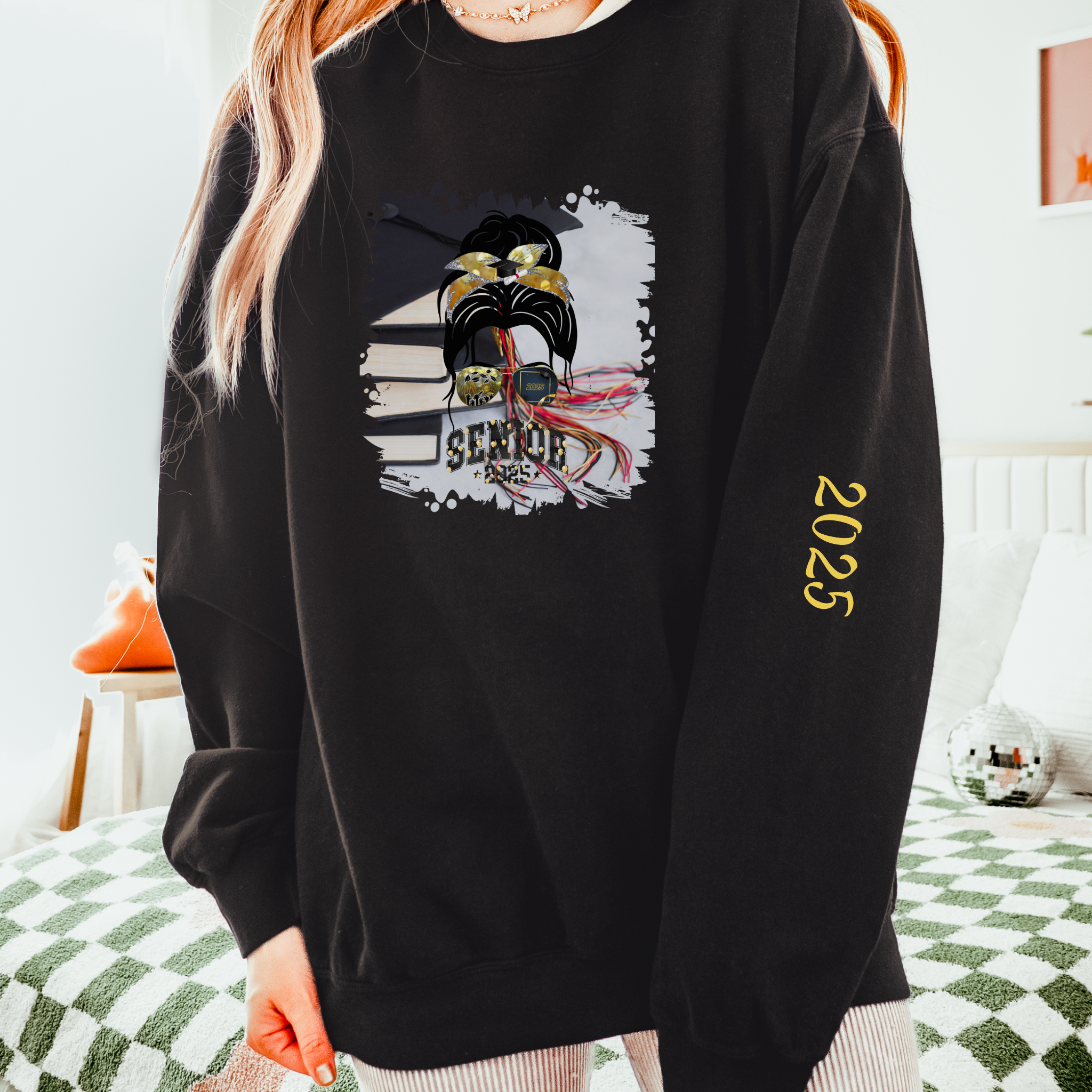 Senior 2025 Balloons, Cap & Books, Dark Hair Messy Bun, Unisex Lightweight Crewneck Sweatshirt