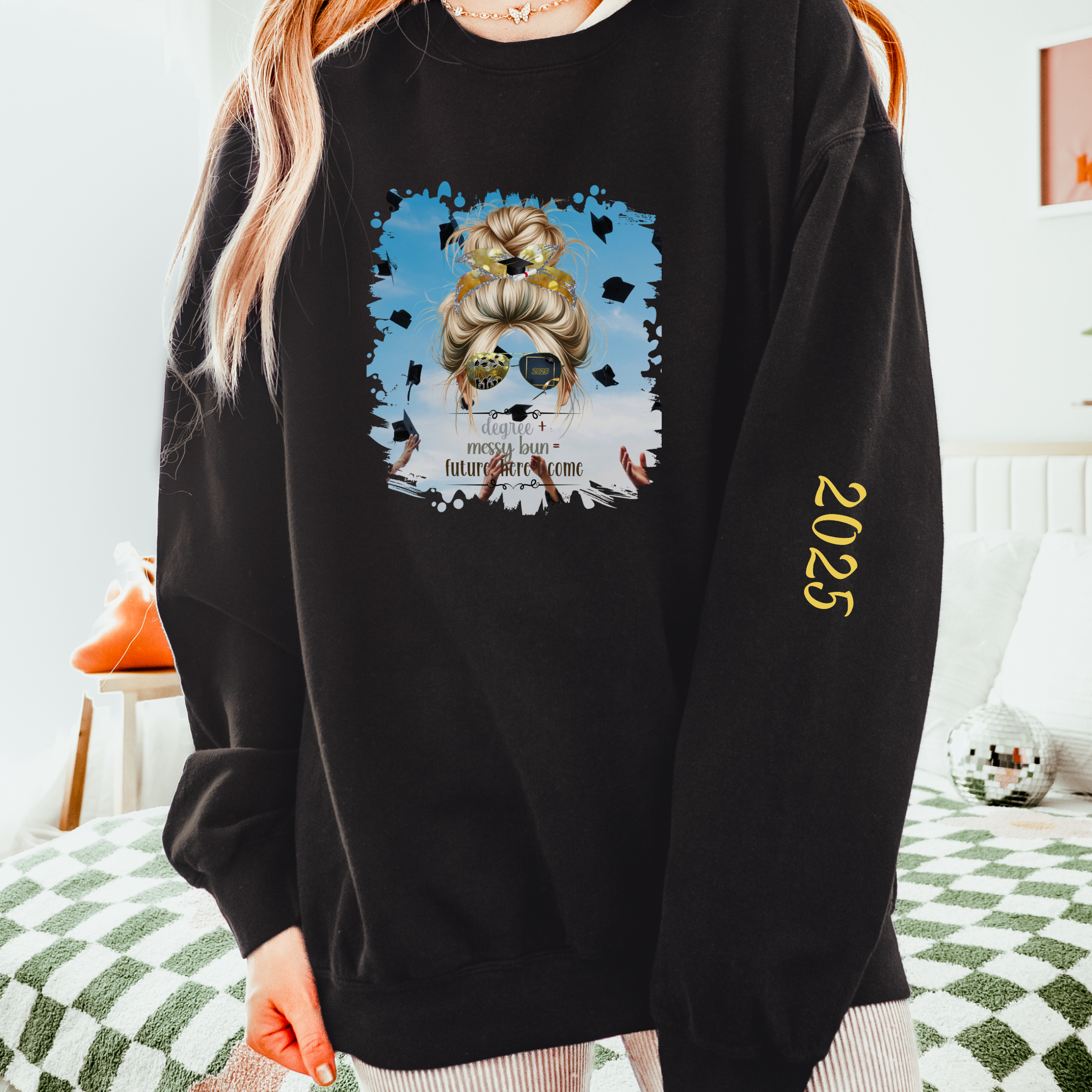 Degree + Messy Bun, Celebration, Blond Hair Messy Bun, Unisex Lightweight Crewneck Sweatshirt