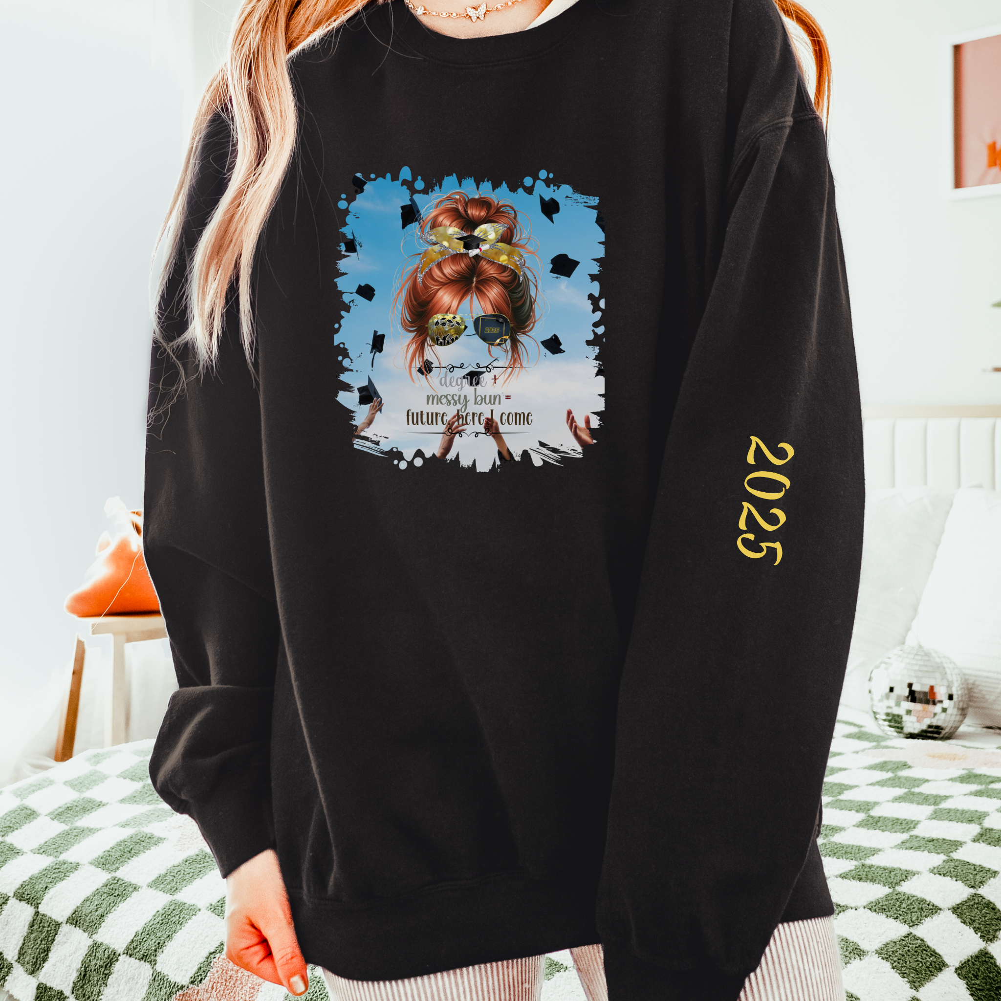 Degree + Messy Bun, Celebration, Red Hair Messy Bun, Unisex Lightweight Crewneck Sweatshirt