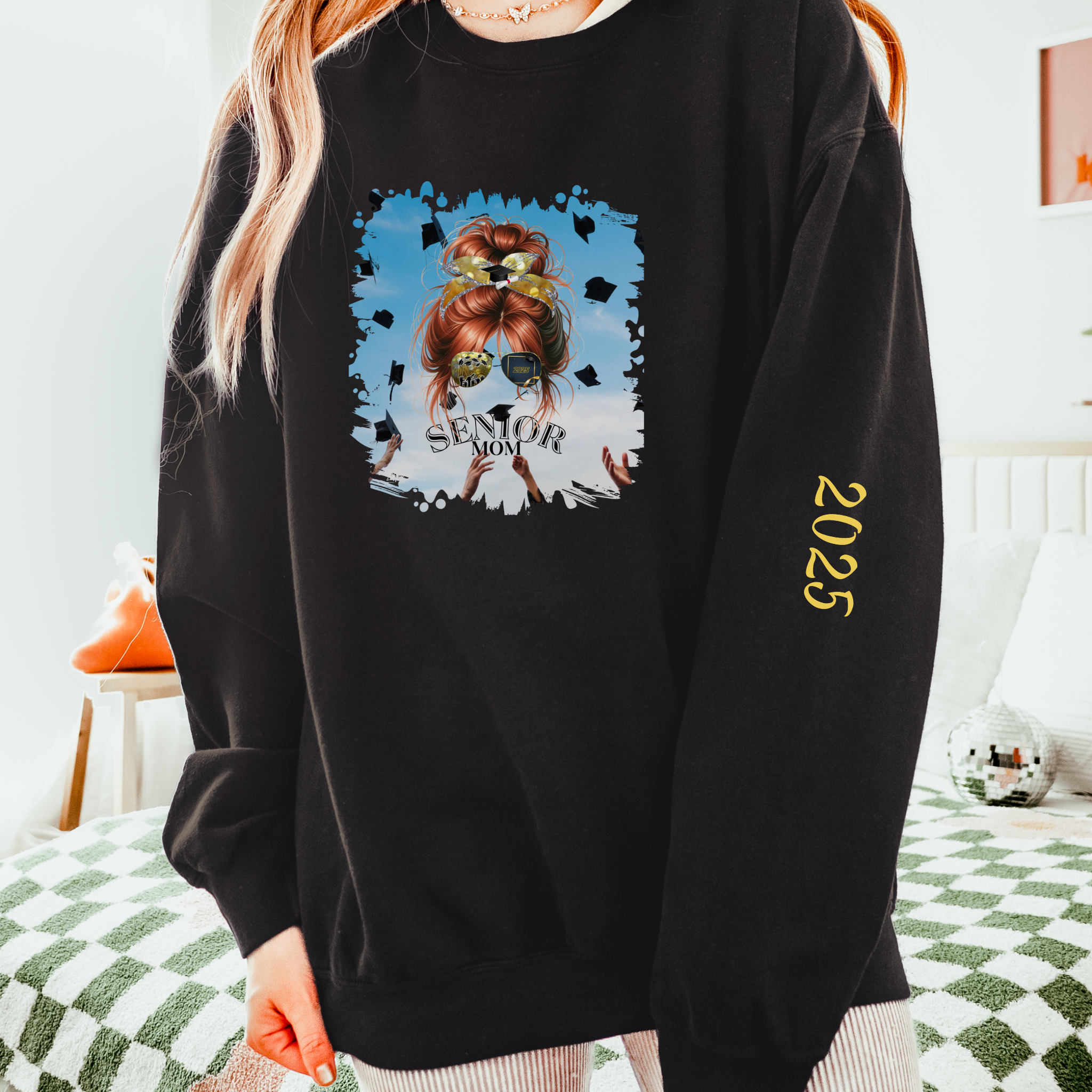 Senior Mom, Celebration, Red Hair Messy Bun, Unisex Lightweight Crewneck Sweatshirt