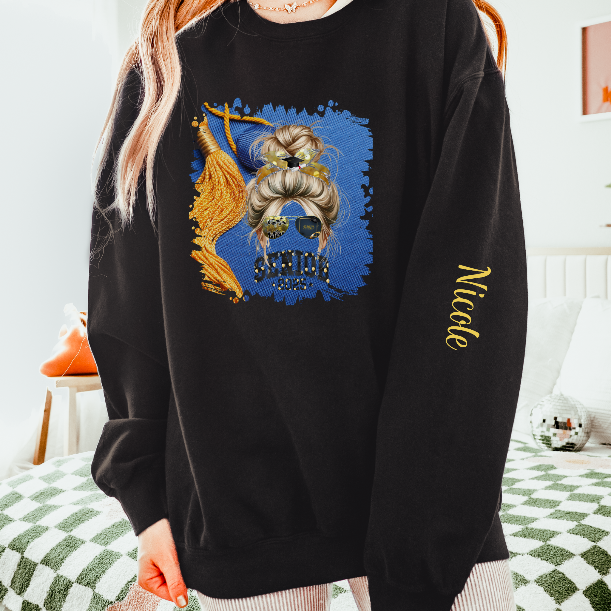Senior 2025 Balloons, Graduation Cap, Blond Hair Messy Bun, Unisex Lightweight Crewneck Sweatshirt