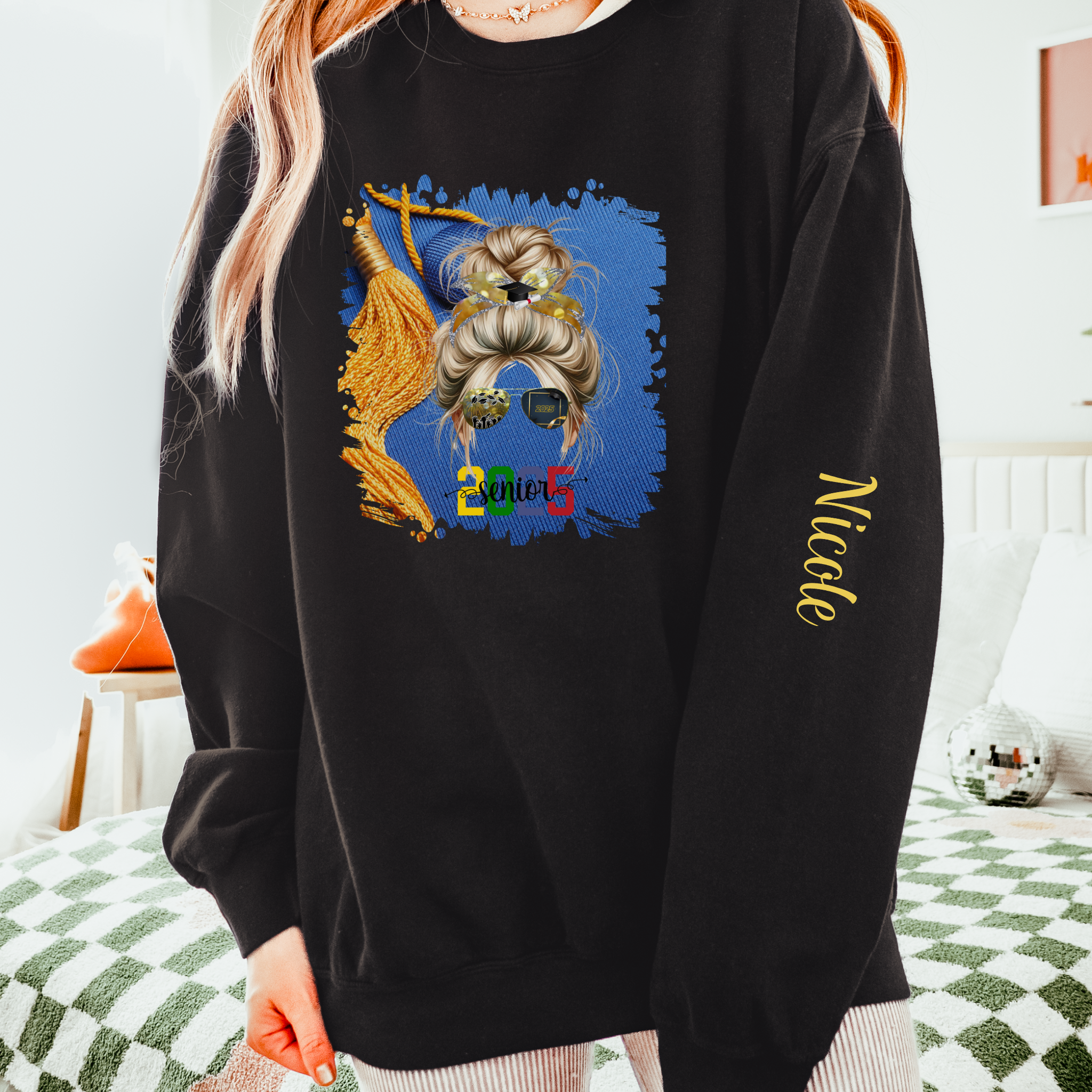 Senior 2025 Colorful, Graduation Cap, Blond Hair Messy Bun, Unisex Lightweight Crewneck Sweatshirt