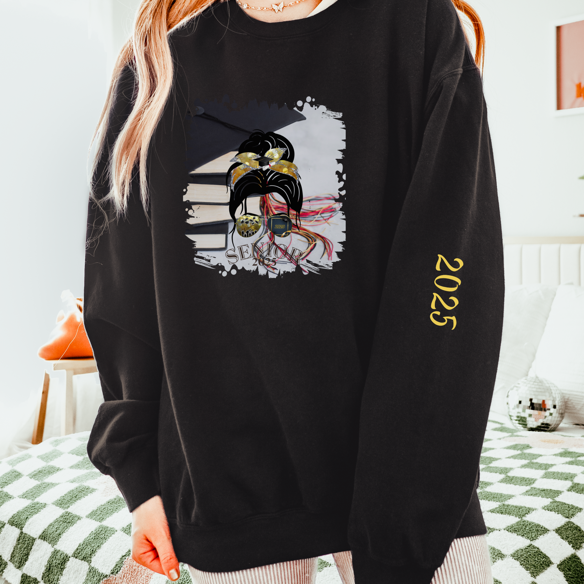 Senior 2025, Cap & Books, Dark Hair Messy Bun, Unisex Lightweight Crewneck Sweatshirt