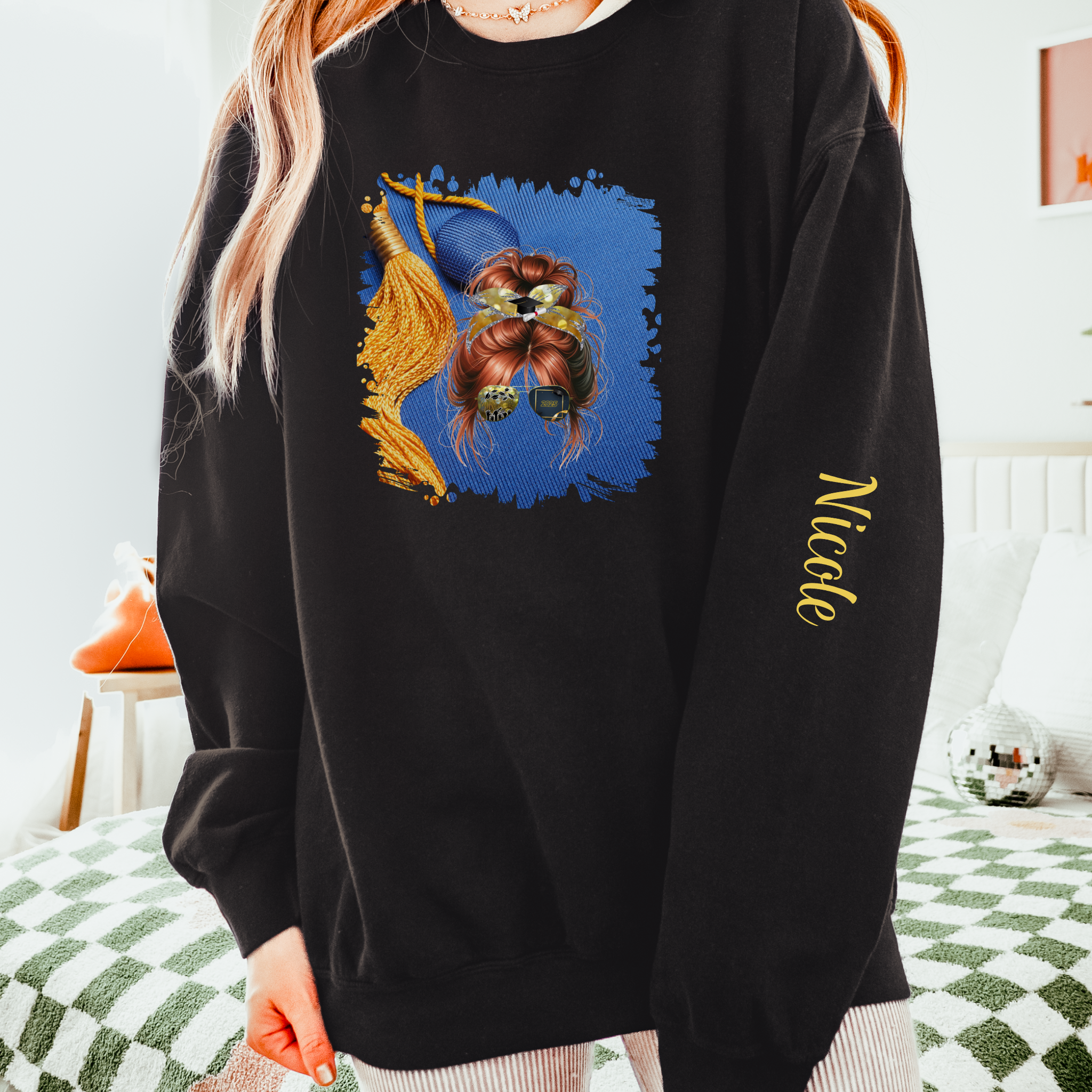 Graduation Cap, Red Hair Messy Bun, Unisex Lightweight Crewneck Sweatshirt