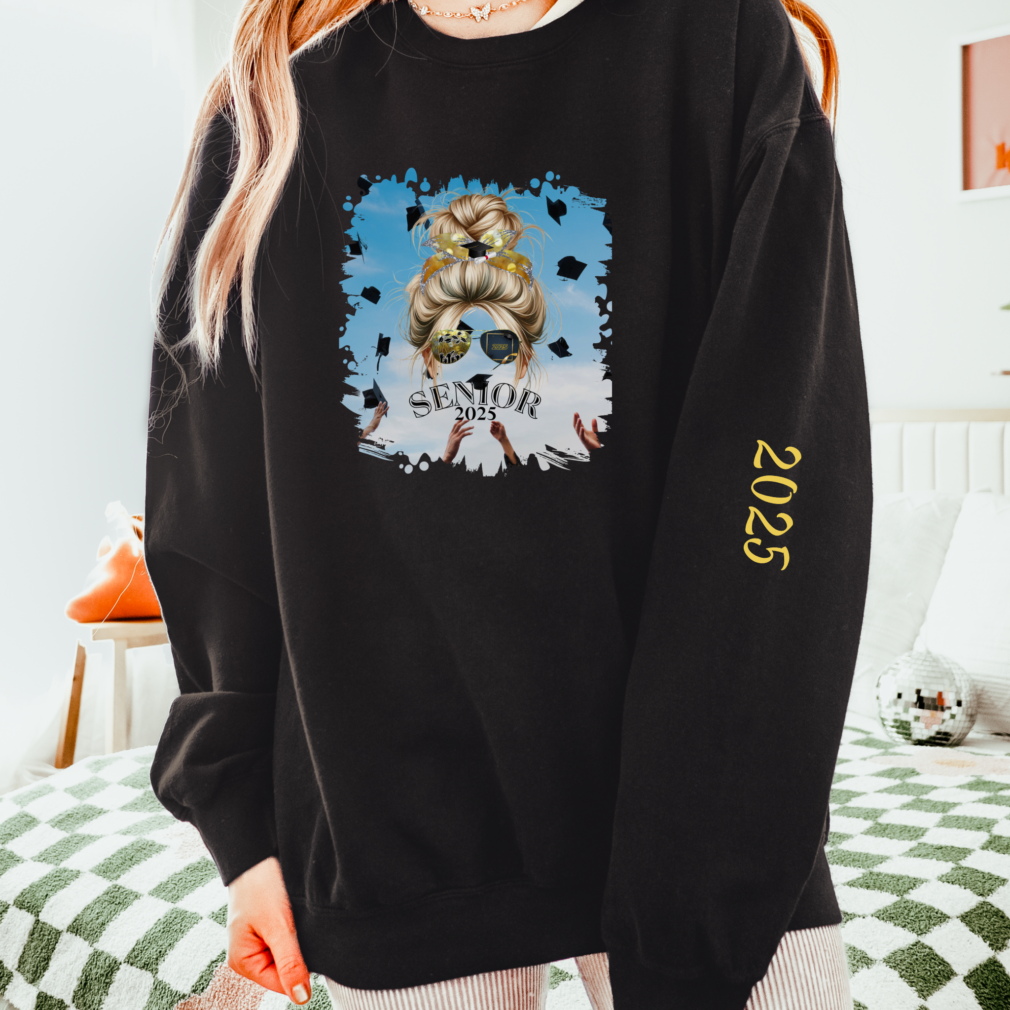 Senior 2025, Celebration, Blond Hair Messy Bun, Unisex Lightweight Crewneck Sweatshirt