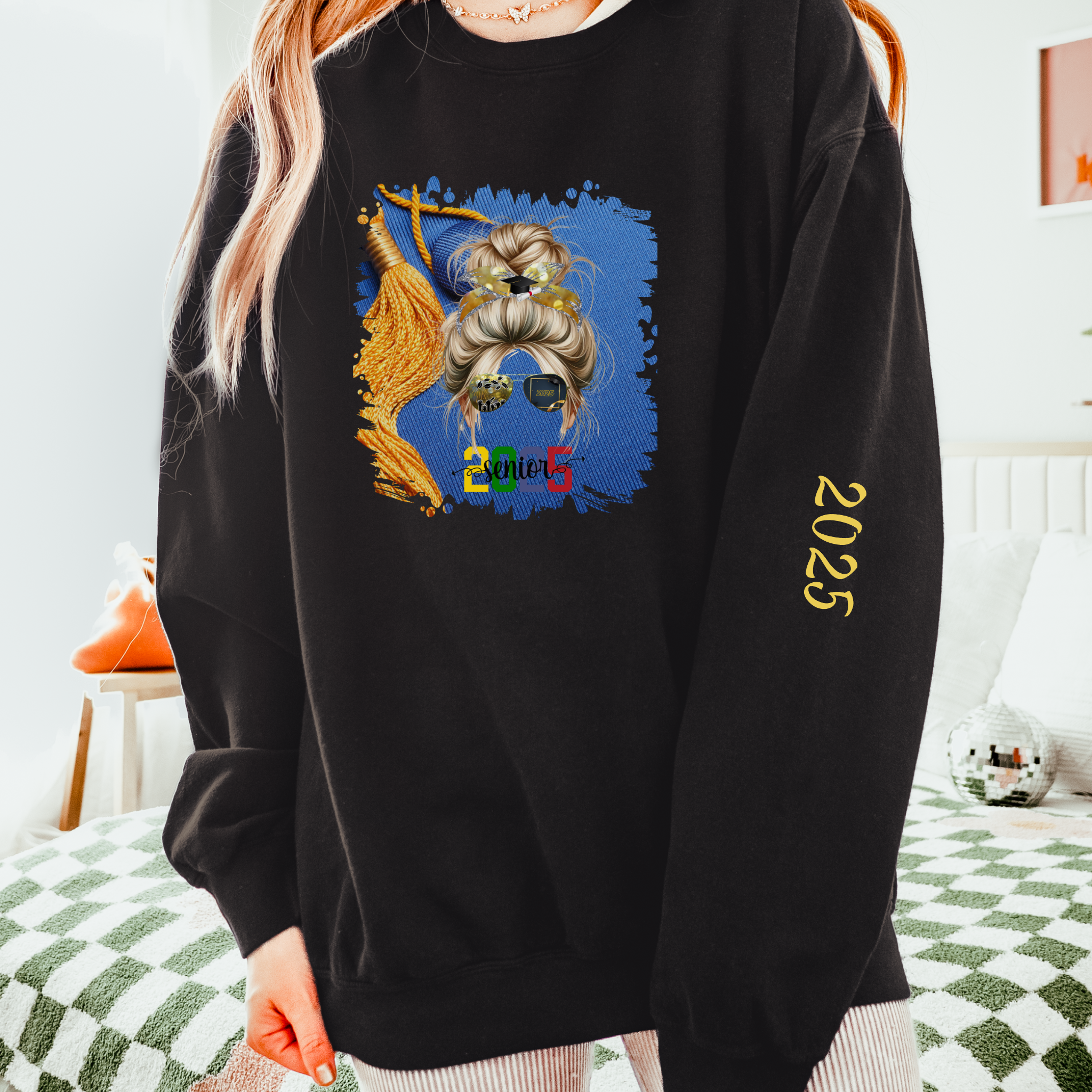 Senior 2025 Colorful, Graduation Cap, Blond Hair Messy Bun, Unisex Lightweight Crewneck Sweatshirt