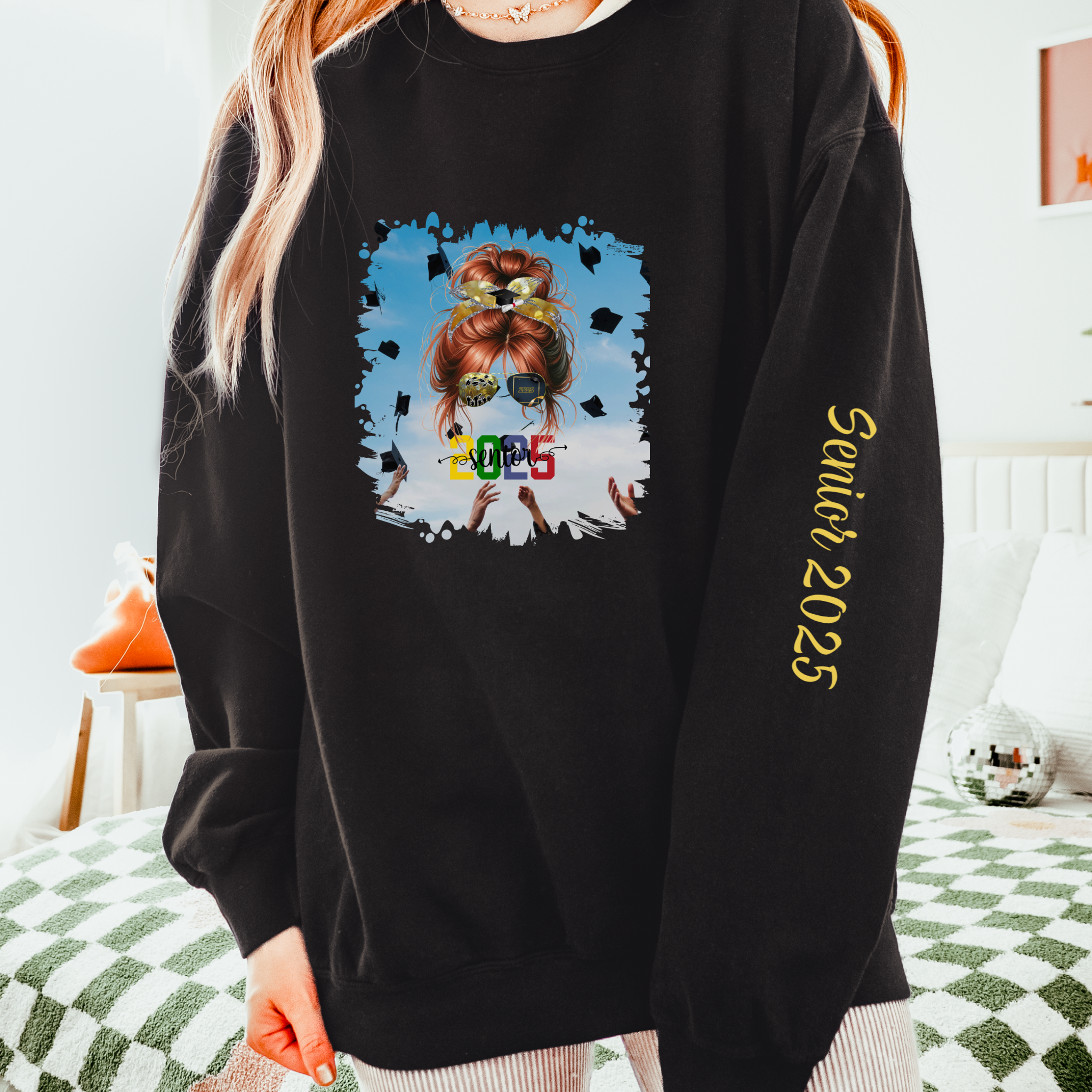 Senior 2025 Colorful, Celebration, Red Hair Messy Bun, Unisex Lightweight Crewneck Sweatshirt