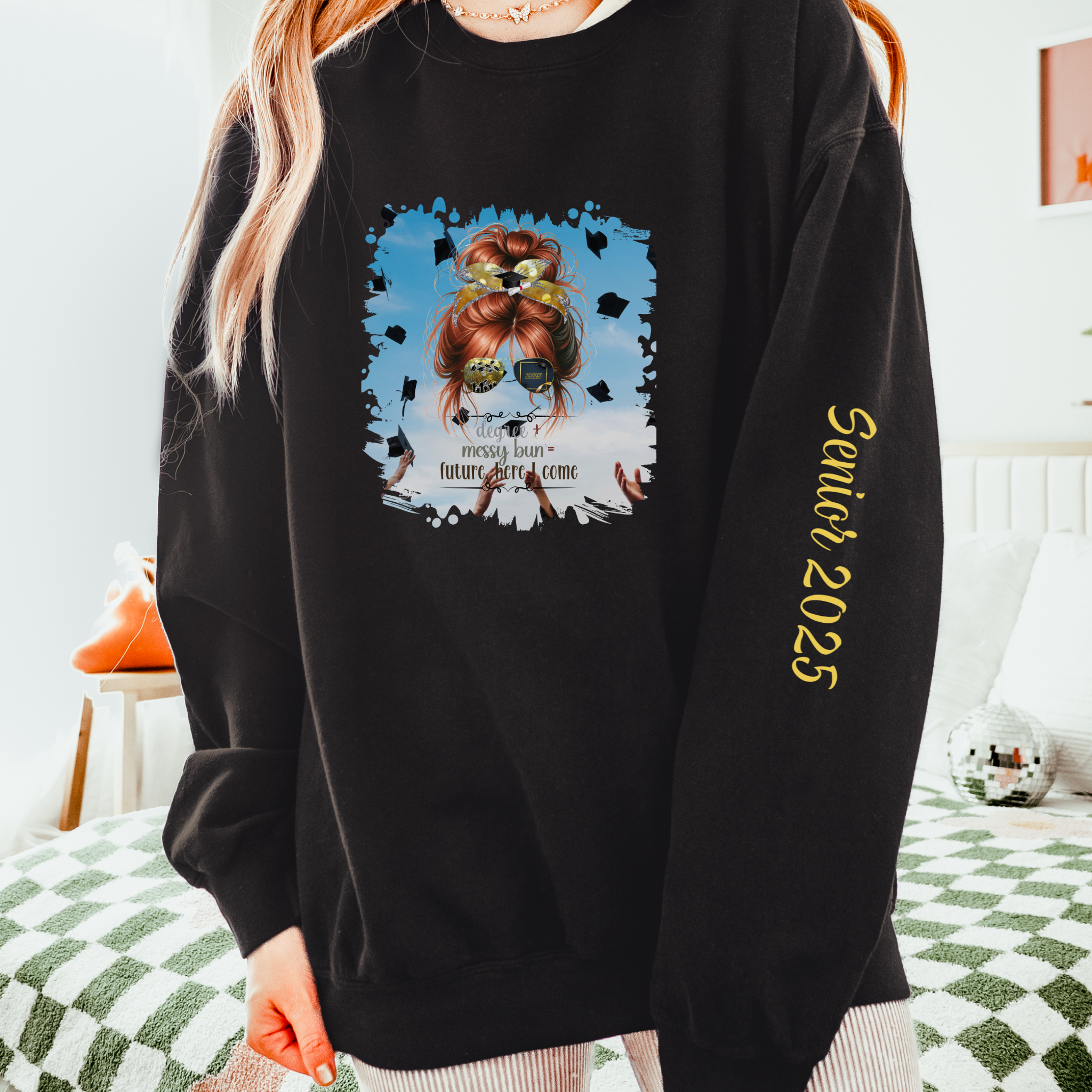 Degree + Messy Bun, Celebration, Red Hair Messy Bun, Unisex Lightweight Crewneck Sweatshirt