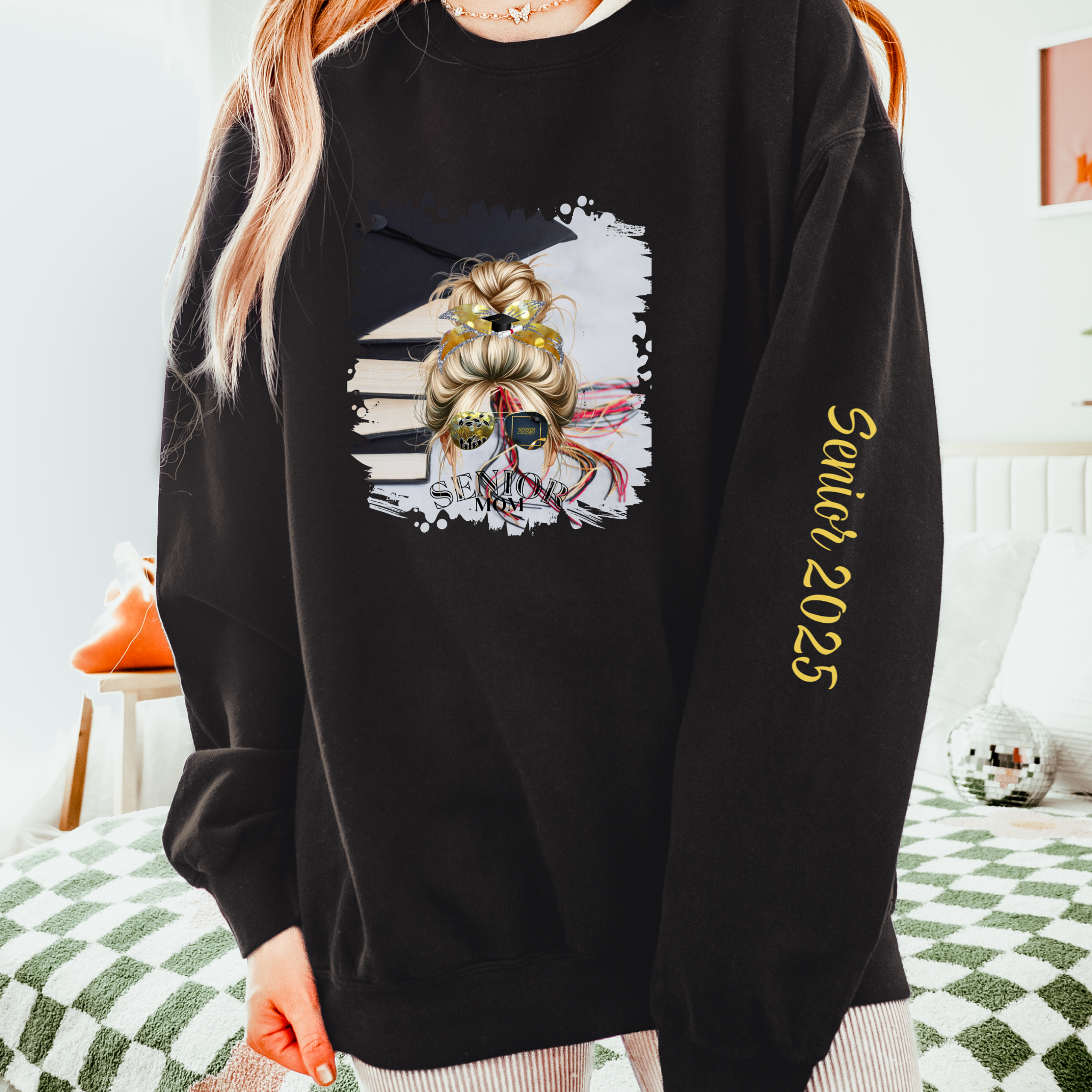 Senior Mom, Cap & Books, Blond Hair Messy Bun, Unisex Lightweight Crewneck Sweatshirt