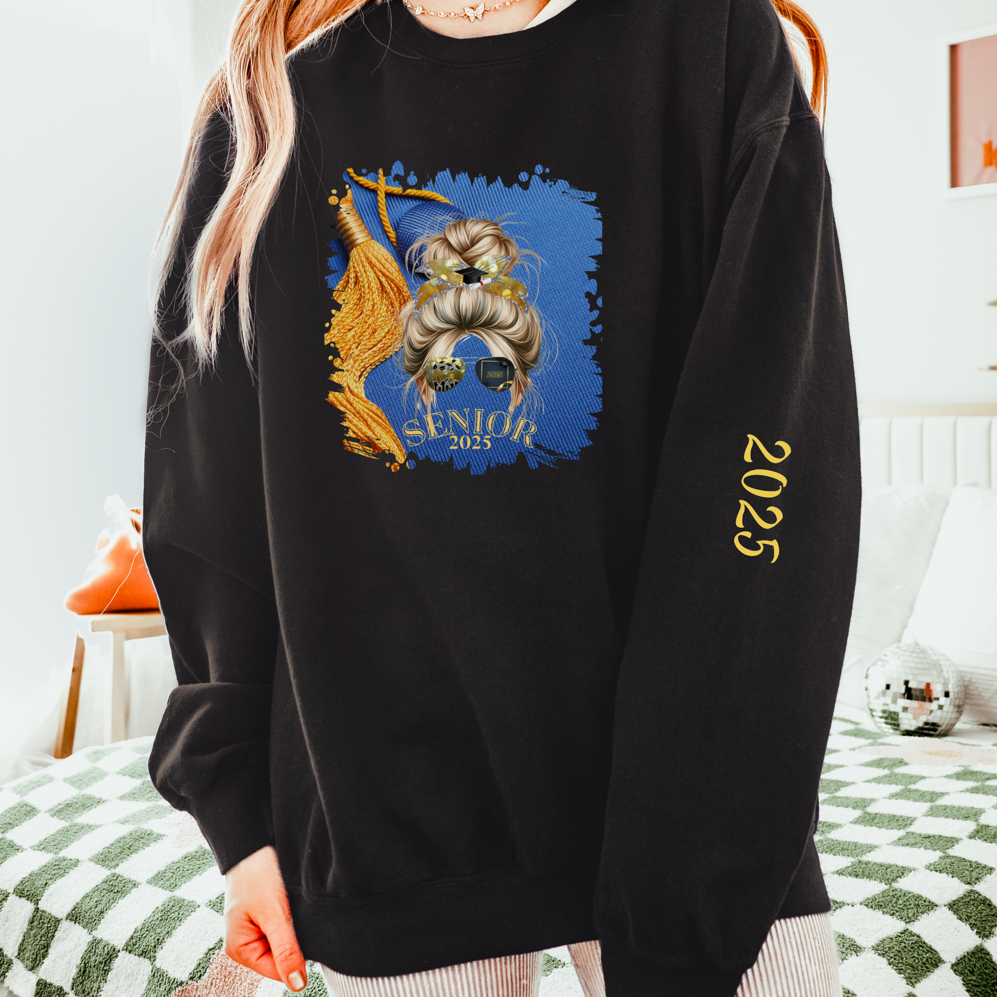 Senior 2025, Graduation Cap, Blond Hair Messy Bun, Unisex Lightweight Crewneck Sweatshirt
