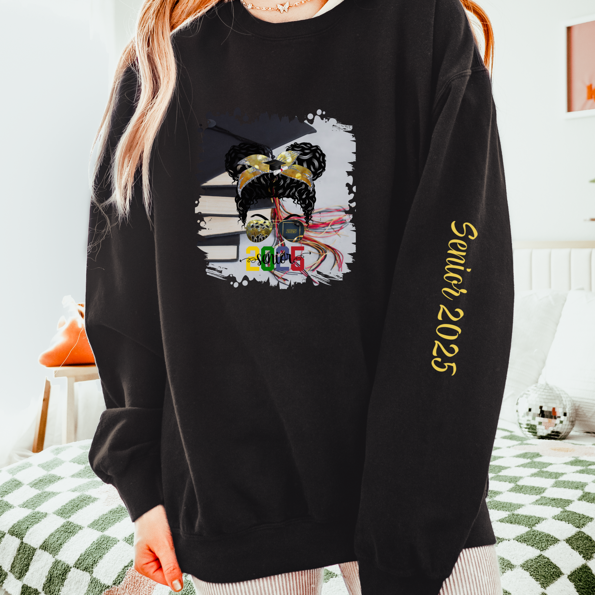 Senior 2025 Colorful, Cap & Books, Black Hair Messy Bun, Unisex Lightweight Crewneck Sweatshirt