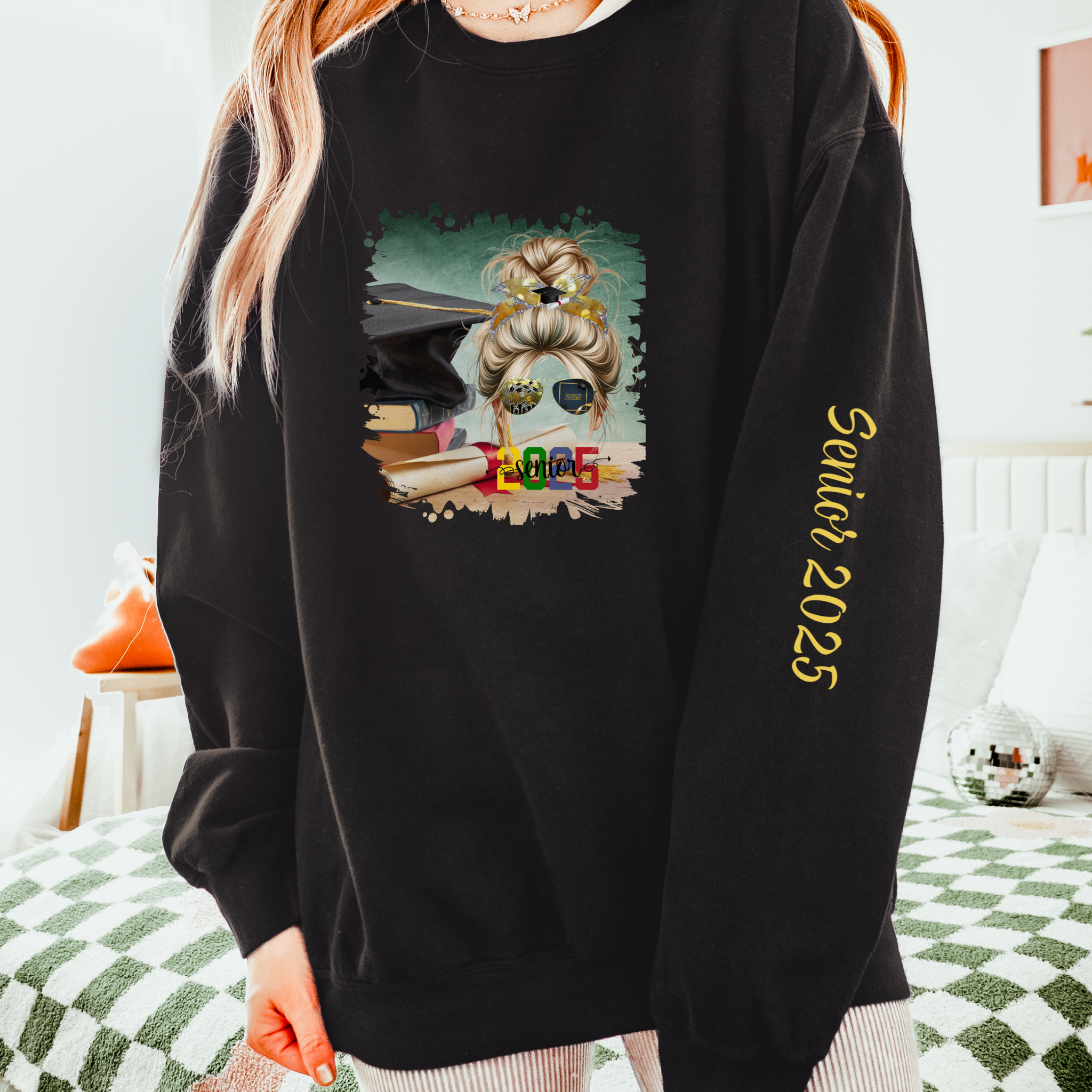 Senior 2025 Colorful, Cap & Degree/Diploma, Blond Hair Messy Bun, Unisex Lightweight Crewneck Sweatshirt
