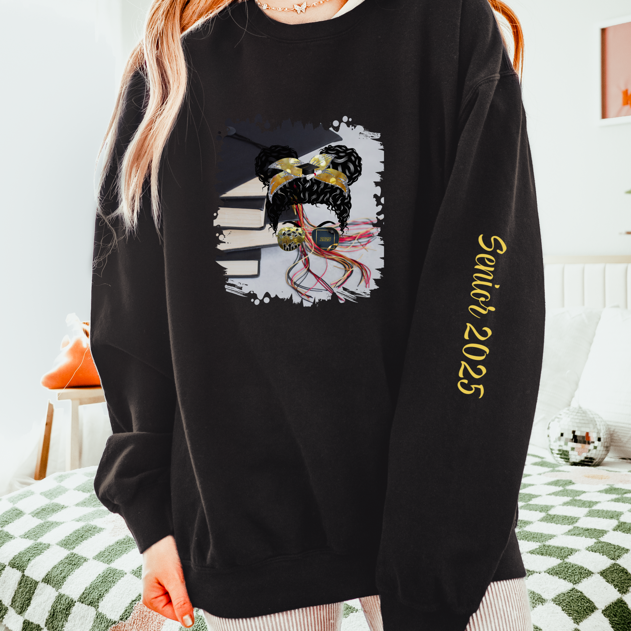 Cap & Books, Black Hair Messy Bun, Unisex Lightweight Crewneck Sweatshirt