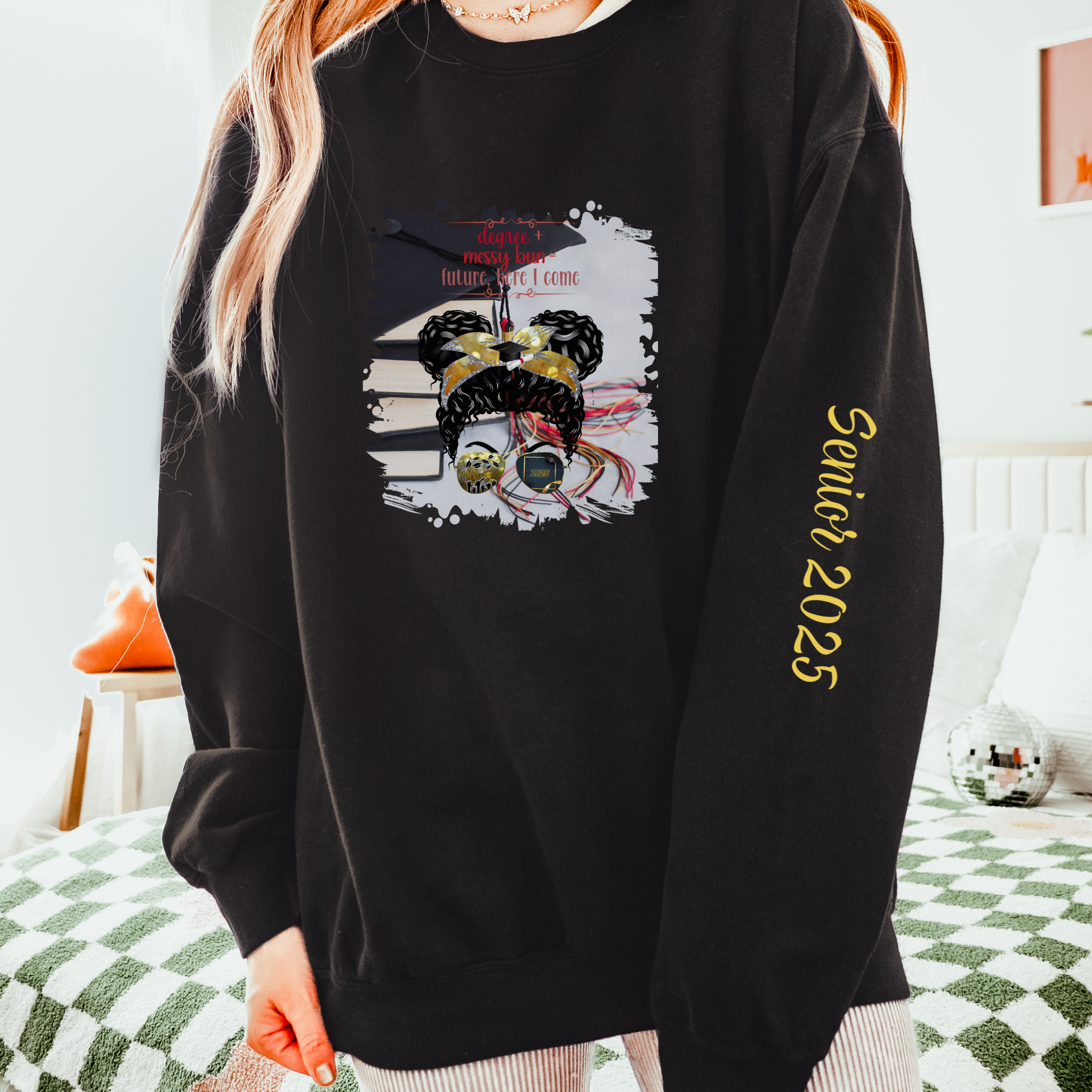 Degree + Messy Bun, Cap & Books, Black Hair Messy Bun, Unisex Lightweight Crewneck Sweatshirt