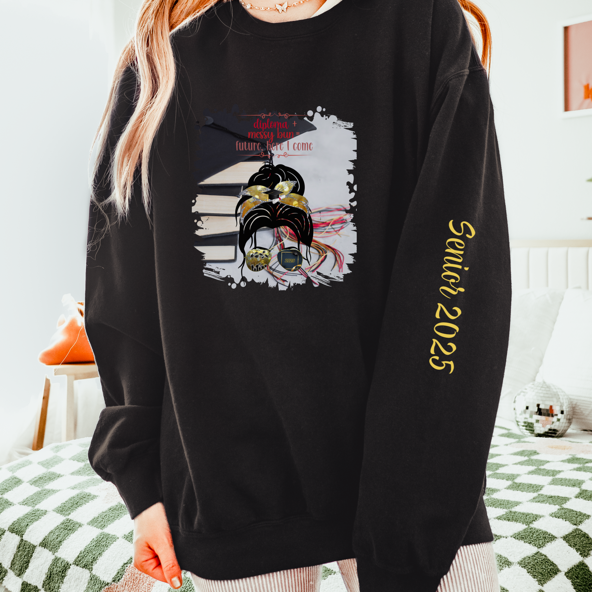 Diploma + Messy Bun, Cap & Books, Dark Hair Messy Bun, Unisex Lightweight Crewneck Sweatshirt