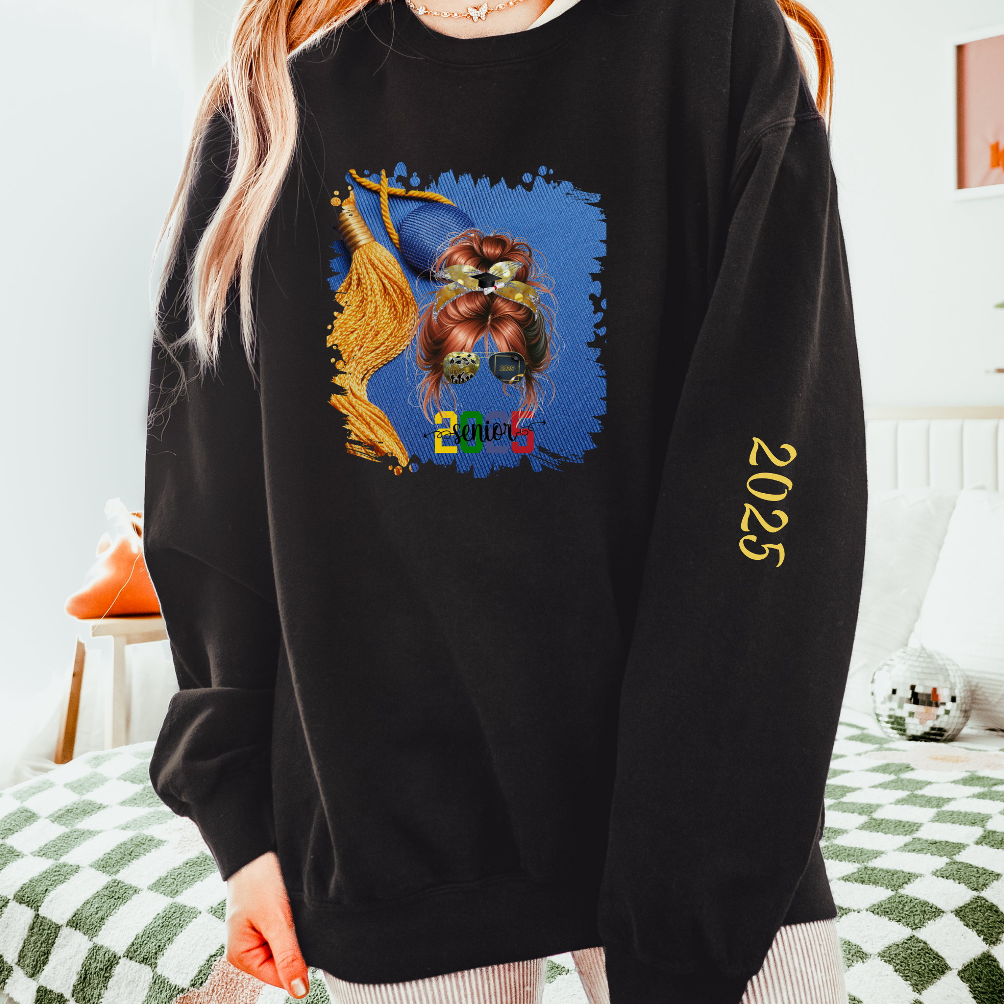 Senior 2025 Colorful, Graduation Cap, Red Hair Messy Bun, Unisex Lightweight Crewneck Sweatshirt