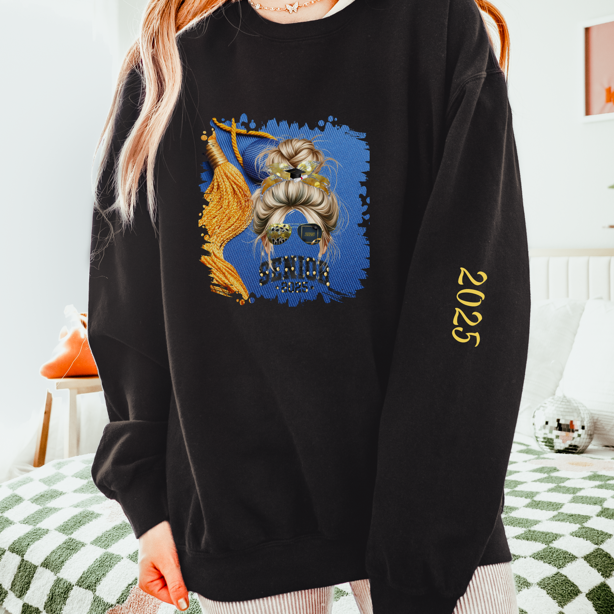 Senior 2025 Balloons, Graduation Cap, Blond Hair Messy Bun, Unisex Lightweight Crewneck Sweatshirt