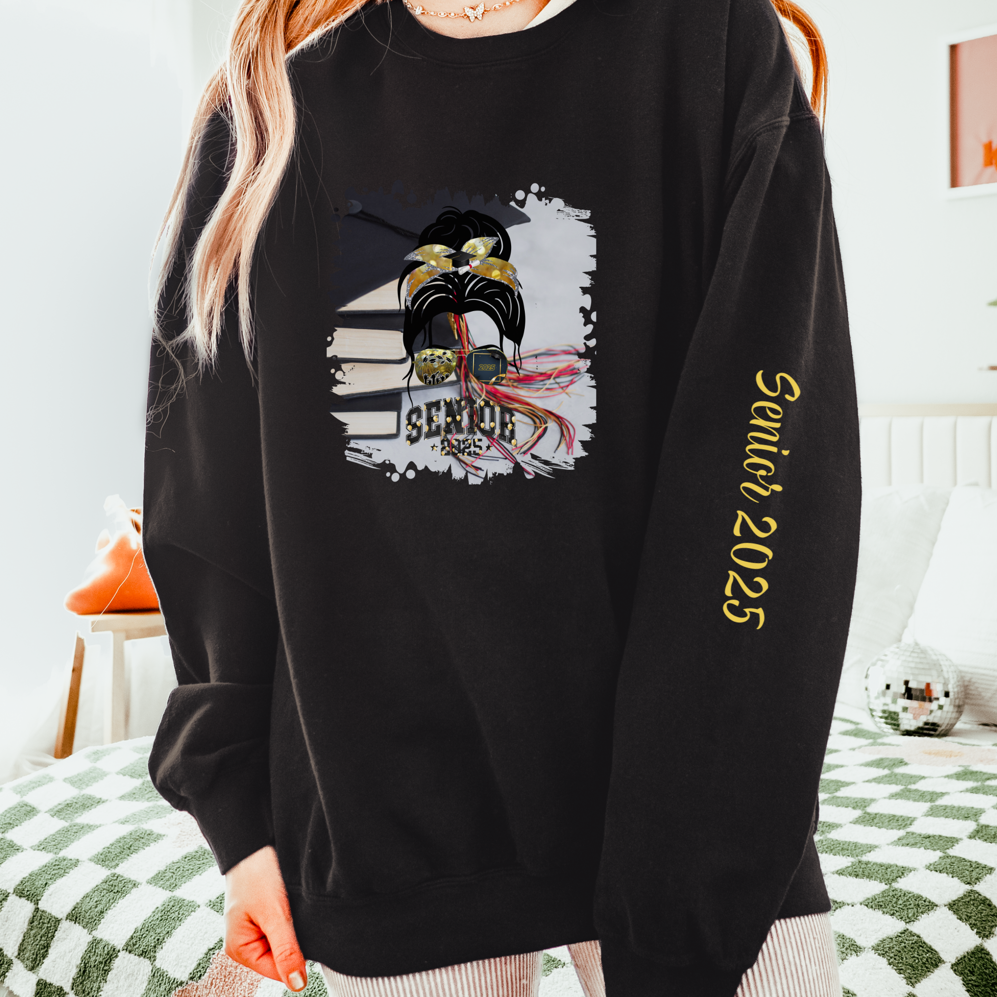 Senior 2025 Balloons, Cap & Books, Dark Hair Messy Bun, Unisex Lightweight Crewneck Sweatshirt