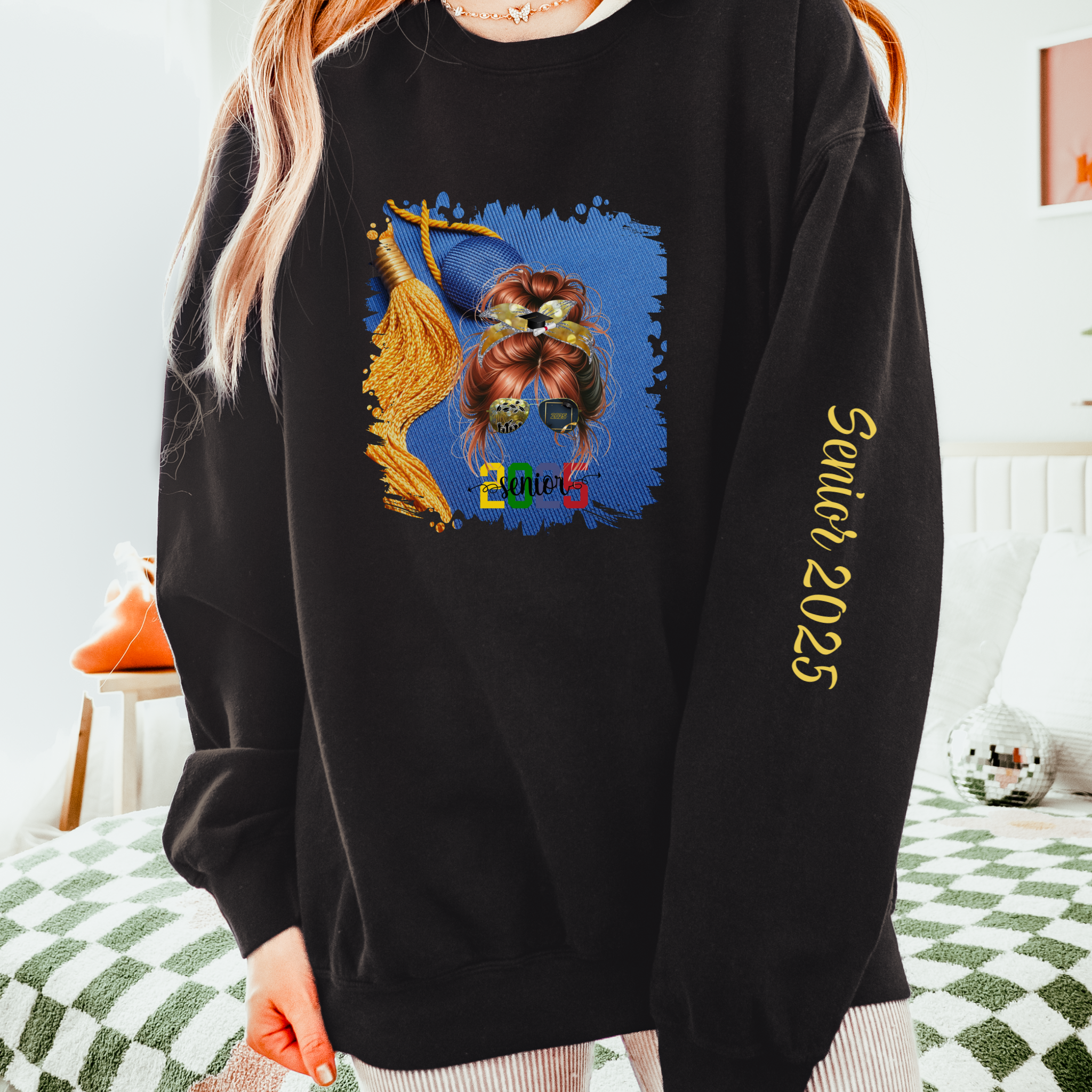 Senior 2025 Colorful, Graduation Cap, Red Hair Messy Bun, Unisex Lightweight Crewneck Sweatshirt