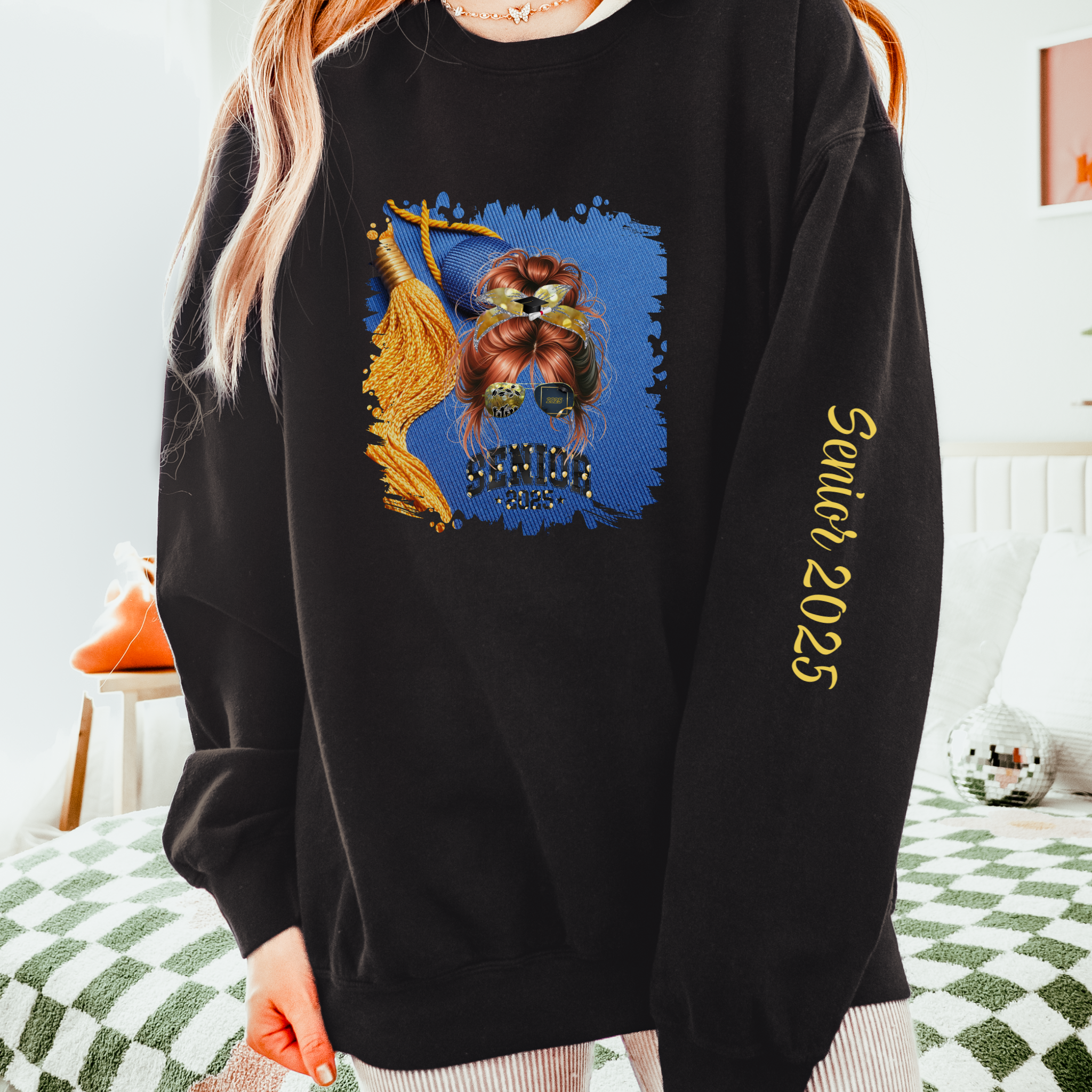 Senior 2025 Balloons, Graduation Cap, Red Hair Messy Bun, Unisex Lightweight Crewneck Sweatshirt